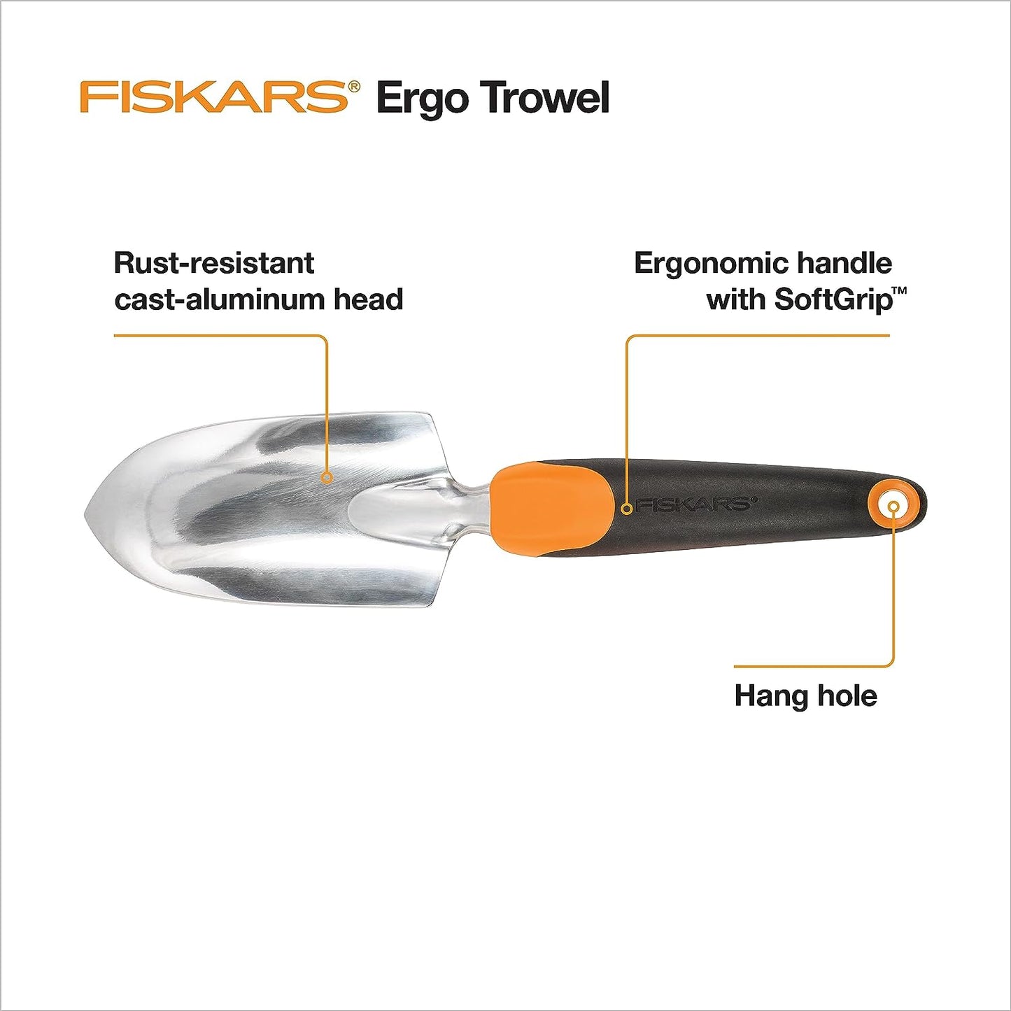 Ergo Garden Trowel for Digging and Planting, Heavy Duty Gardening Hand Tool with Hanging Hole