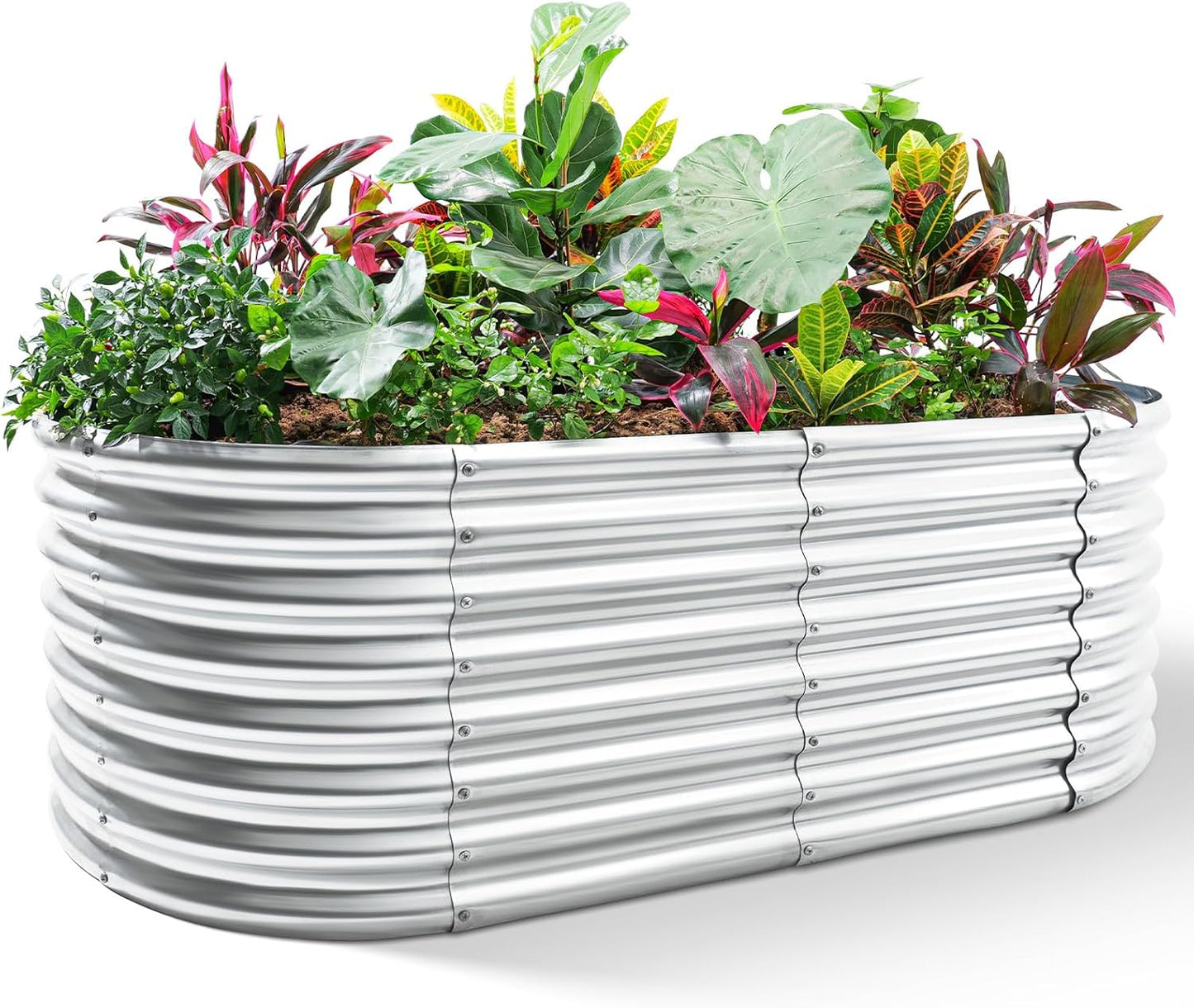 24“ Tall Galvanized Raised Garden Bed Kit, Galvanized Planter Garden Boxes Outdoor, Oval Large Metal Raised Garden Bed for Vegetables (Classic Silver, 4×2×2ft)