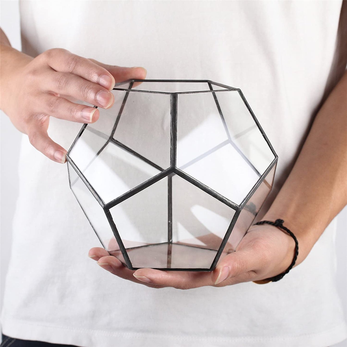 Small Open Terrarium Planter - 6.89" x 6.89" x 5.9" Pentagon Geometric Glass Container Pot for Succulents, Air Plants - Home Garden Tabletop Miniature Decor, Black (No Plants)