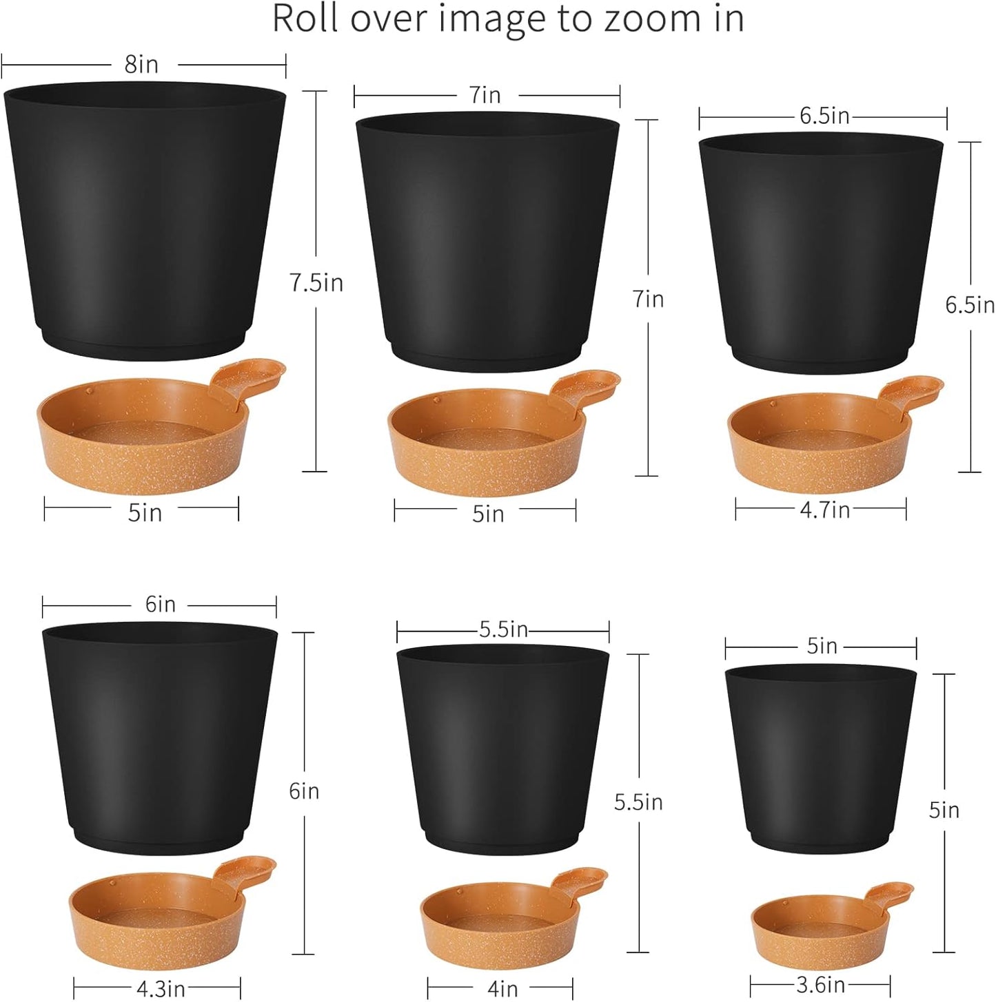 Plant Pots 8/7/6.5/6/5.5/5 Inch Self Watering Planters with Drainage Hole, Plastic Flower Pots, Nursery Planting Pot for All House Plants, African Violet, Flowers, and Cactus,Black