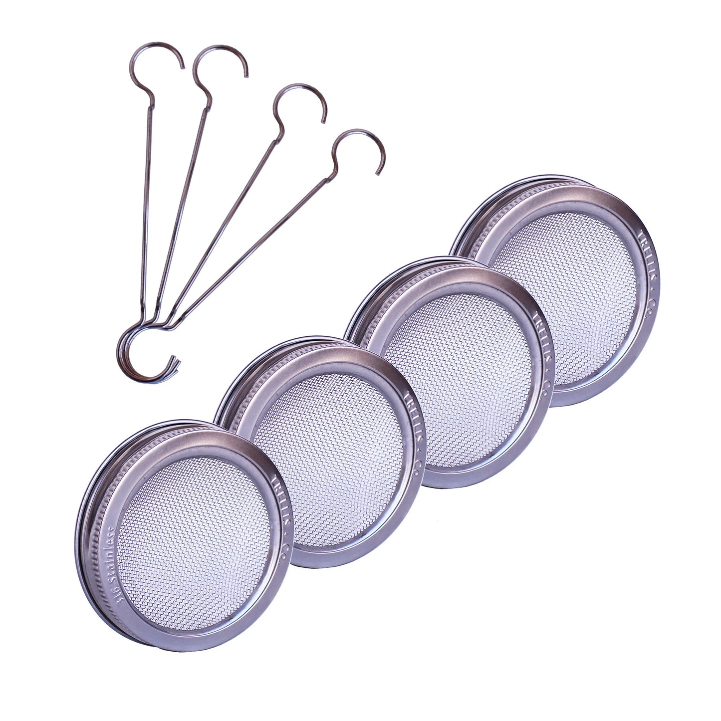 Trellis + Co|Stainless Steel Sprouting Kit, 4 Pack With Sprouting Stands|Rust Proof Stainless,Curved Mesh,Fits Most Wide Mouth Mason Jars