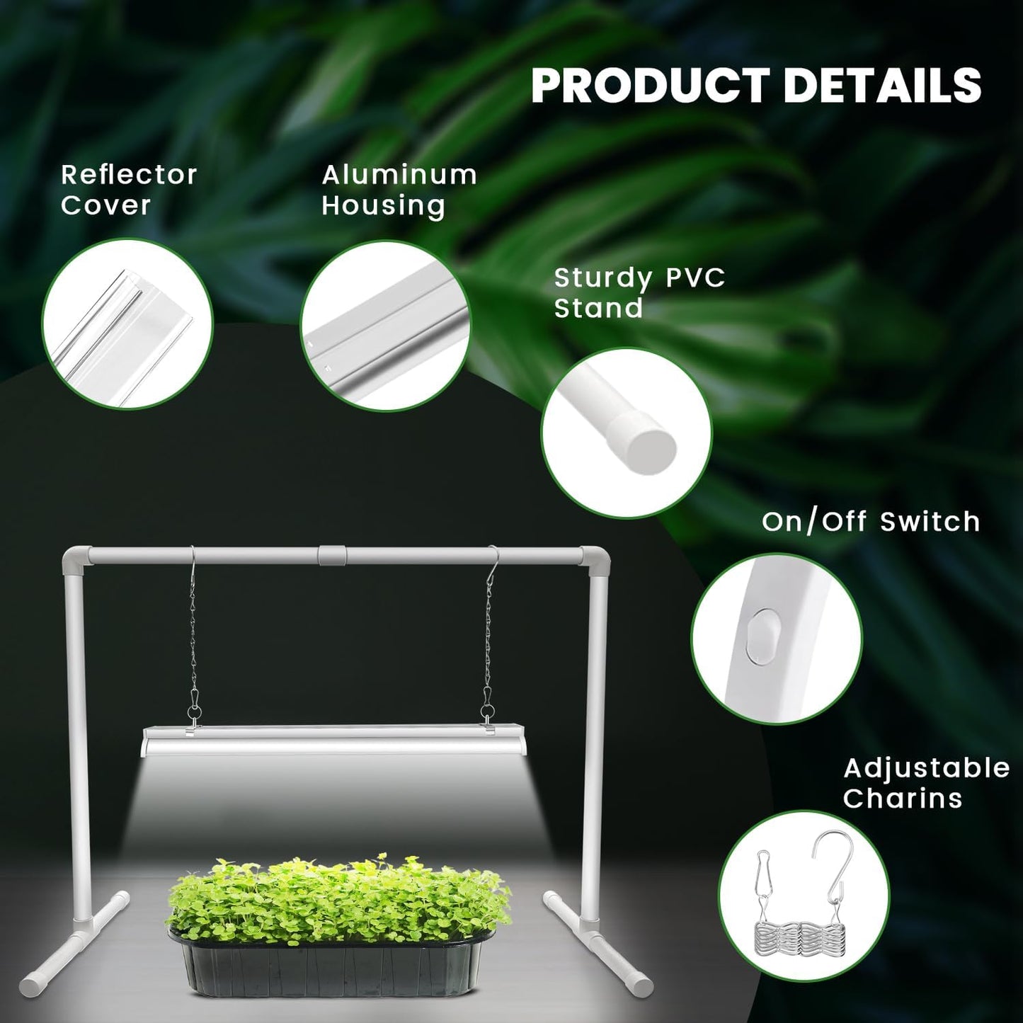 Grow Lights for Seed Starting with Stand, 2Ft T5 144 Leds Full Spectrum Seedling Grow Light for Indoor Plants, 32W High Output Seed Starter Light Kit, Height Adjustable, On-Off Switch