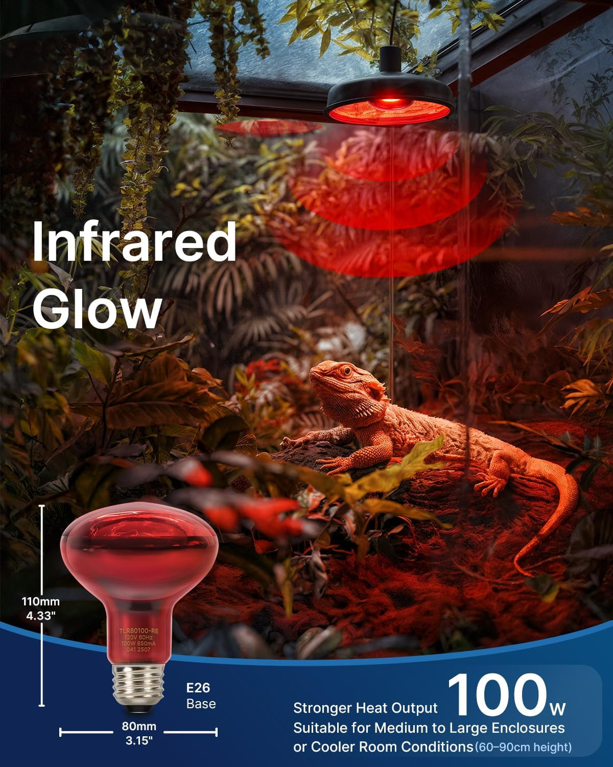 2 Pack Reptile Red Heat Lamp Bulbs,100W Infrared Basking Spot Light for Turtles, Leopard Gecko, Ball Python, Bearded Dragon, Snake and Chicken