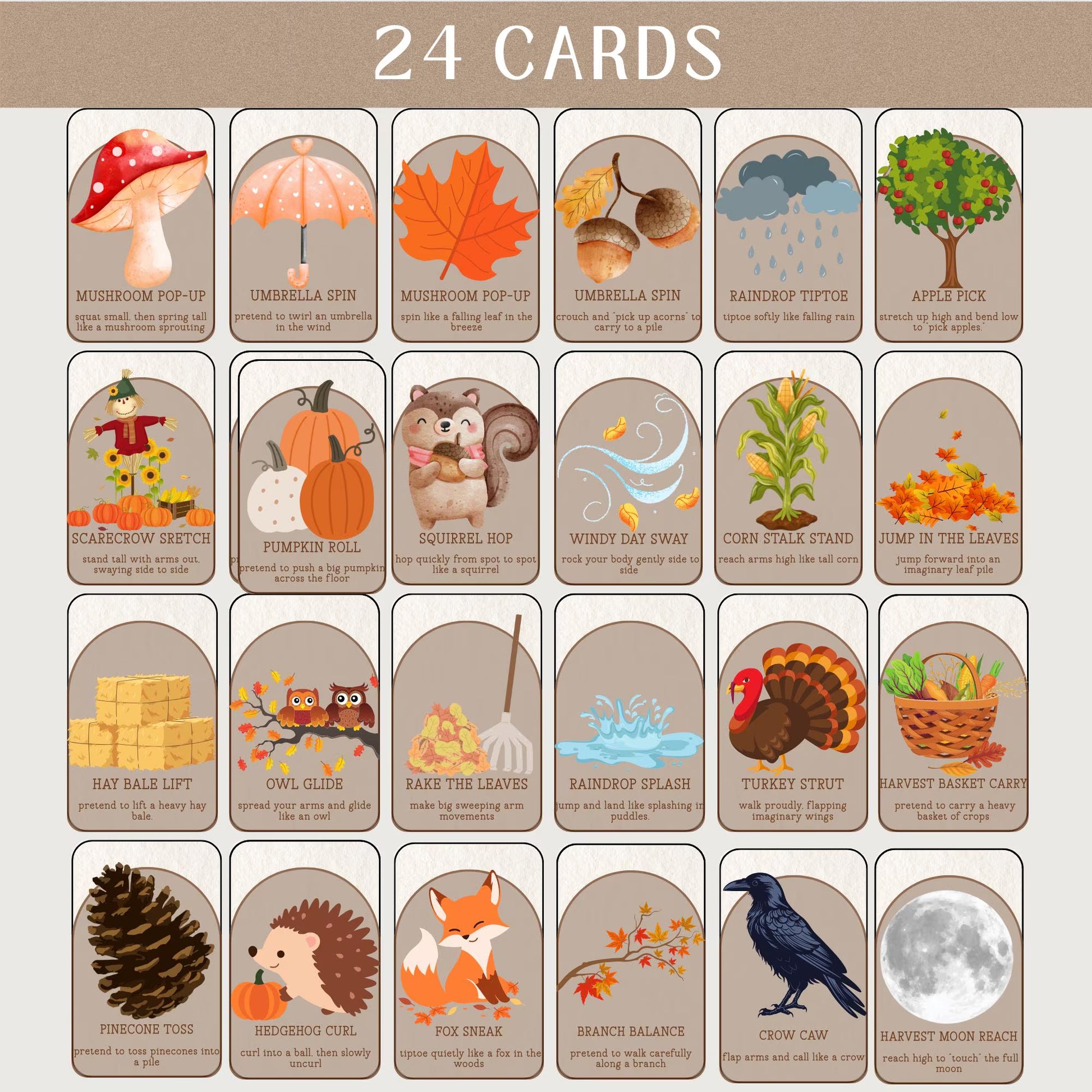 Autumn Movement Cards for Circle Time | Montessori Fall Movement Flashcards for Classrooms, Homeschool, Preschool (PDF Printable)