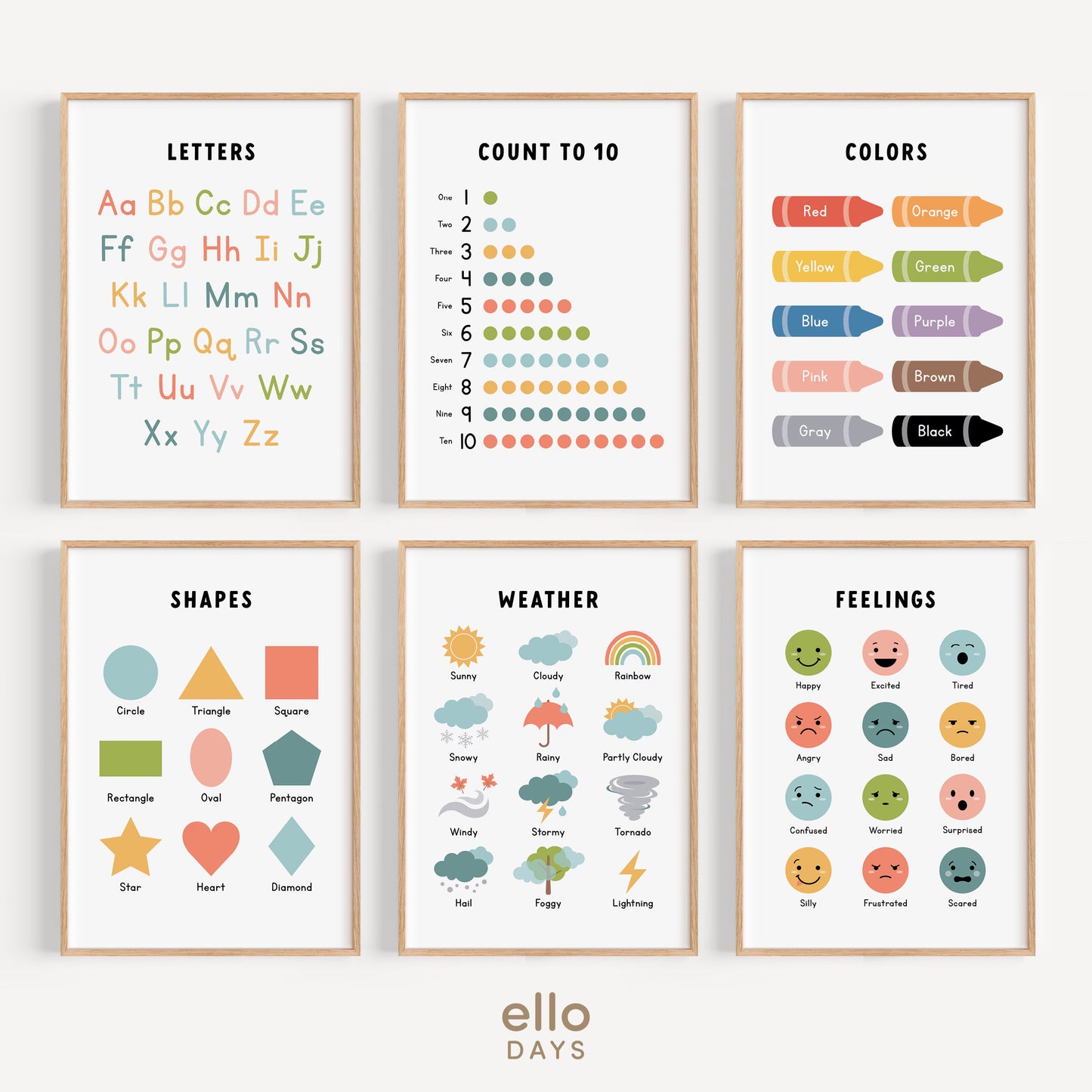 Toddler Preschool Educational Posters, Set of 6 Classroom Prints, Montessori Homeschool Wall Art, Playroom Decor