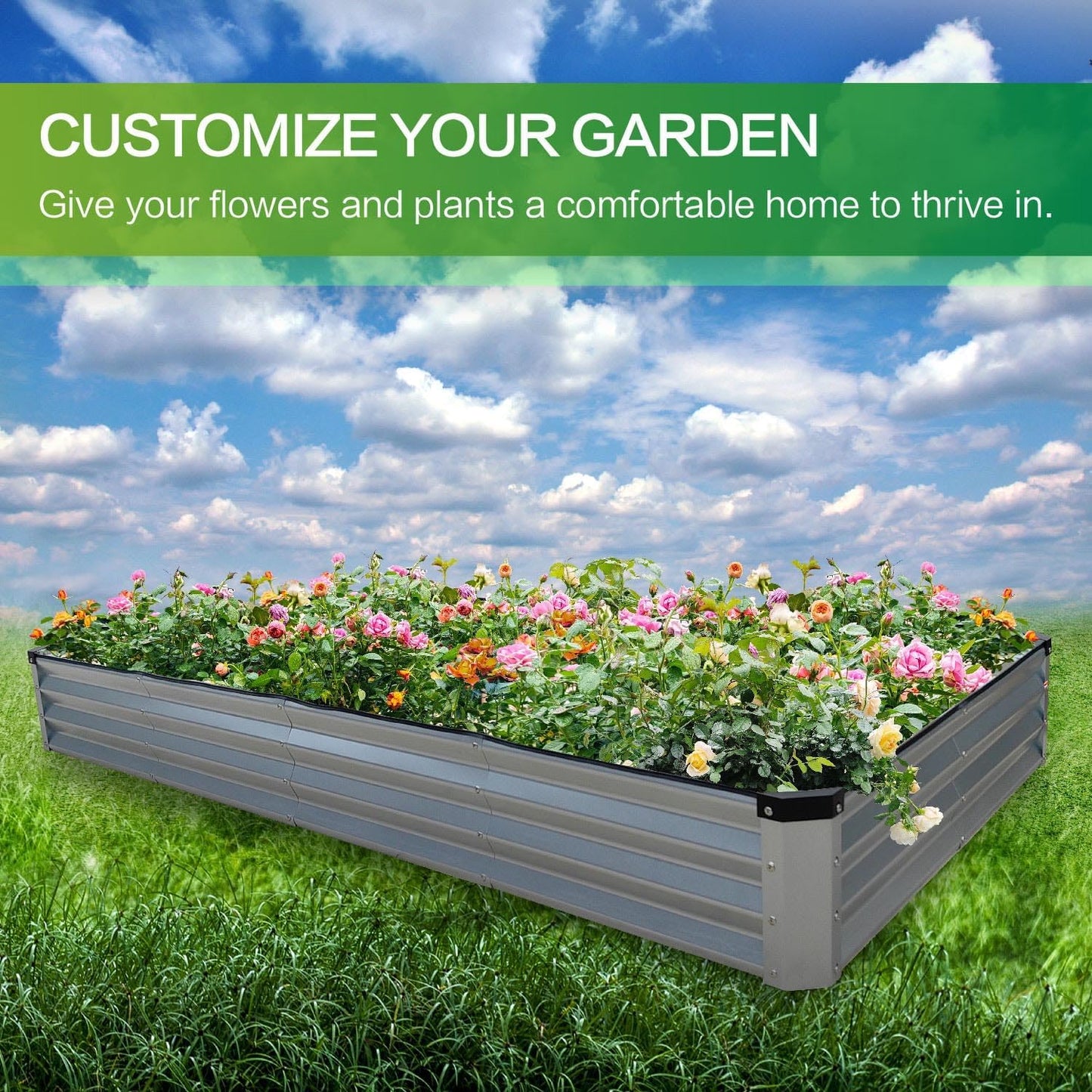 8x4x1FT Galvanized Raised Garden Bed Kit, Metal Planter Boxes Outdoor with Easy Assembly, Large Garden Bed for Vegetables, Fruits, Flower, Herbs Rectangle Silver