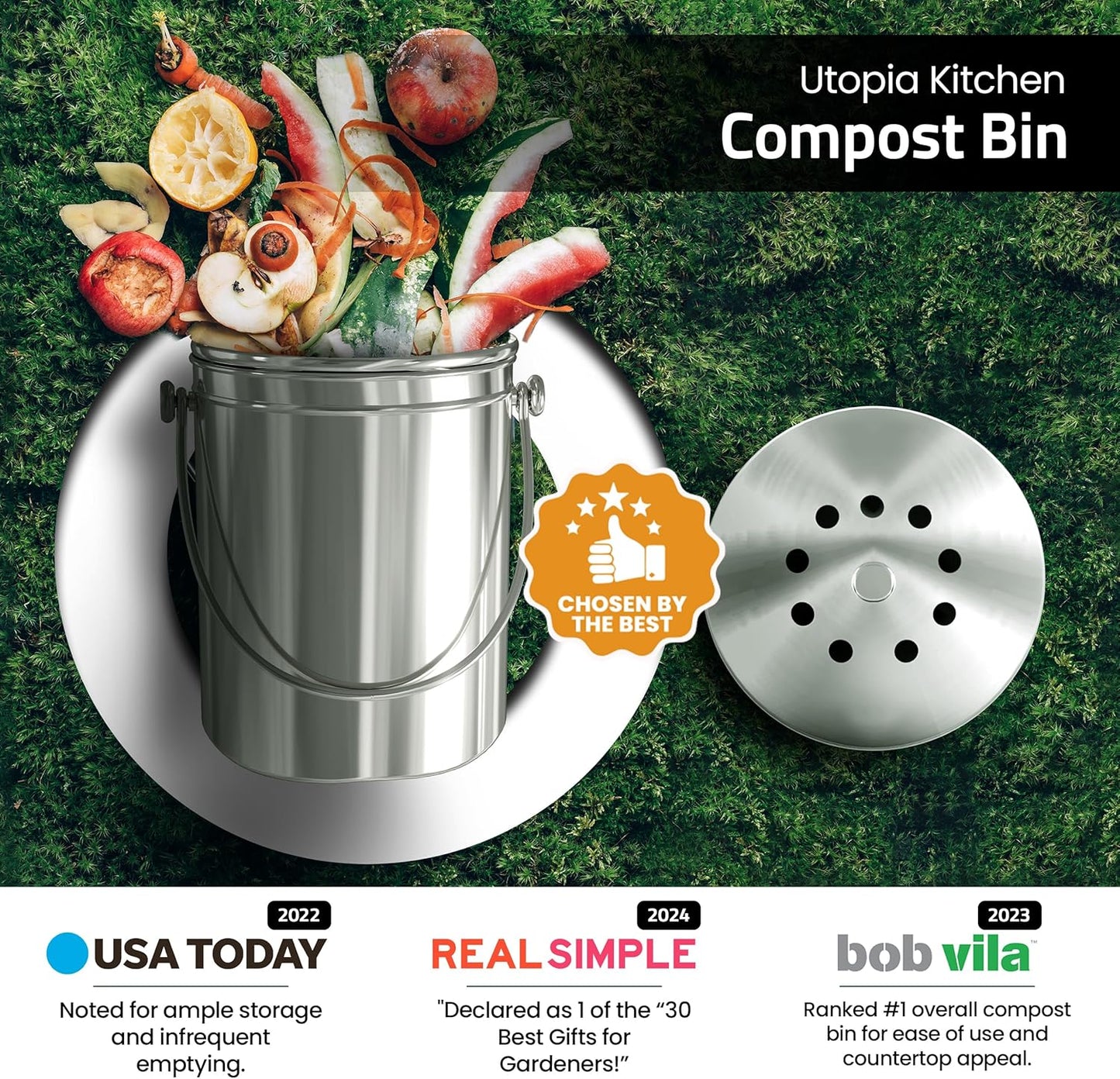 Compost Bin for Kitchen Countertop, 1.3 Gallon Compost Bucket for Kitchen with Lid, Includes 1 Spare Charcoal Filter, Home Essentials - (Silver)