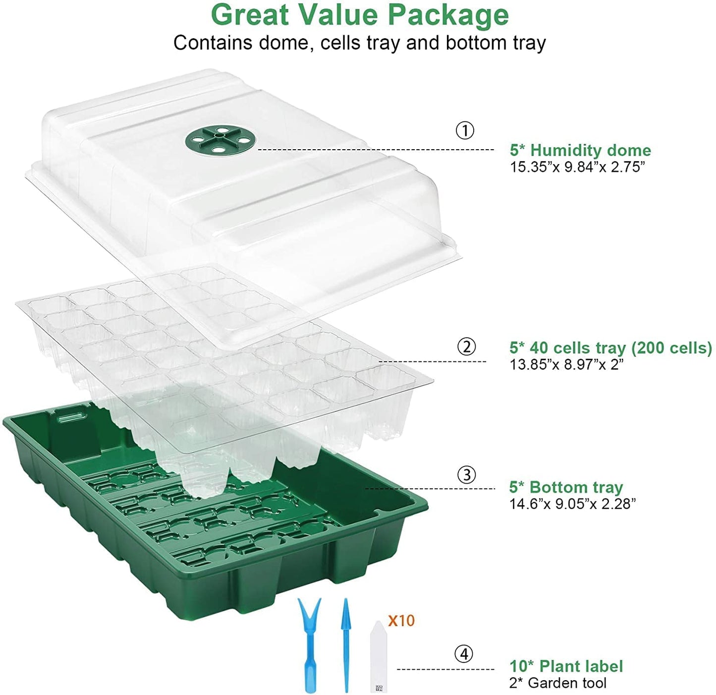 Seedling Trays Seed Starter Tray, 5-Pack Mini Propagator Plant Greenhouse Grow Kit with Humidity Vented Domes and Base for Seeds' Starting (40 Cells Per Tray, Total 200 Cells), Green