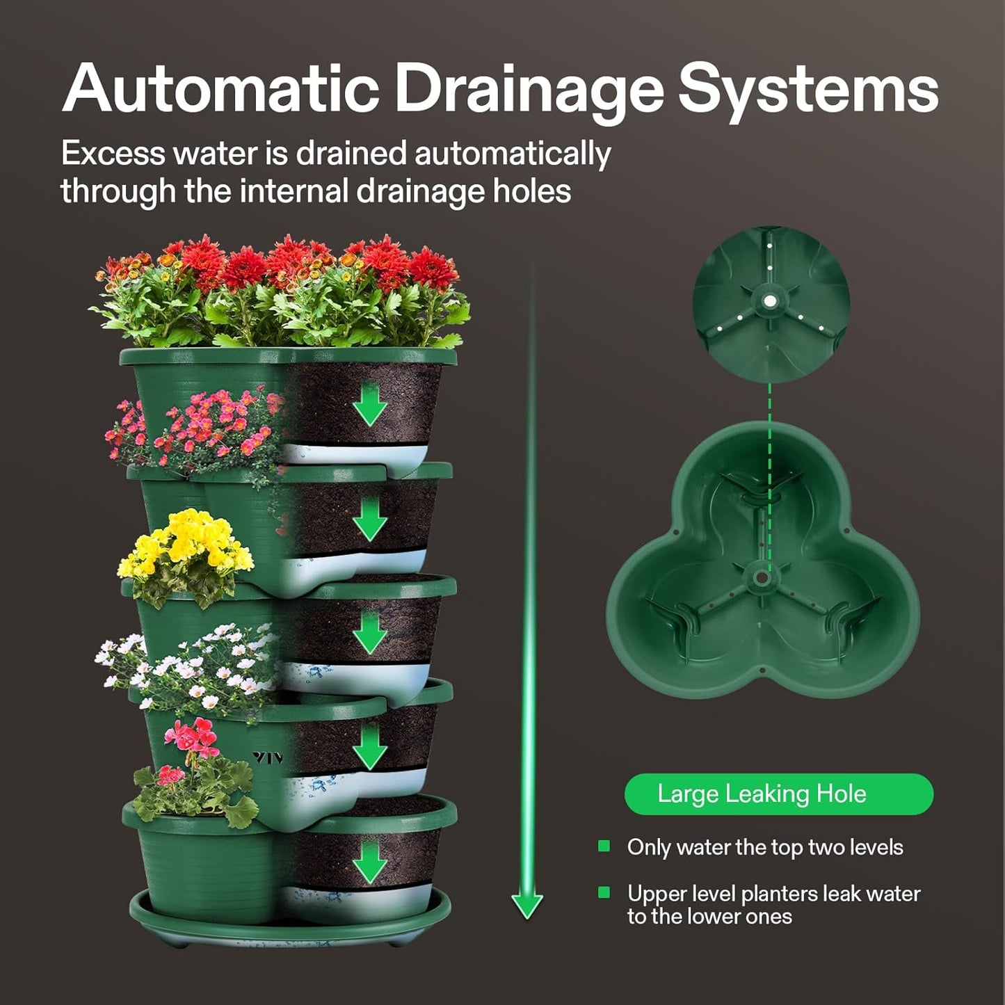 5 Tier Vertical Gardening Stackable Planter for Strawberries, Flowers, Herbs, Vegetables, Dark Green