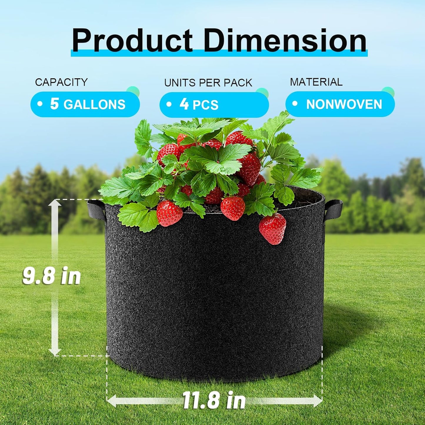 4-Pack Fabric Grow Bags 5 Gallon, 300G Thickened Nonwoven Plant Grow Bags, Grow Pots for Plants, Growing Bags with Handles, Planting Bags for Vegetables, Black