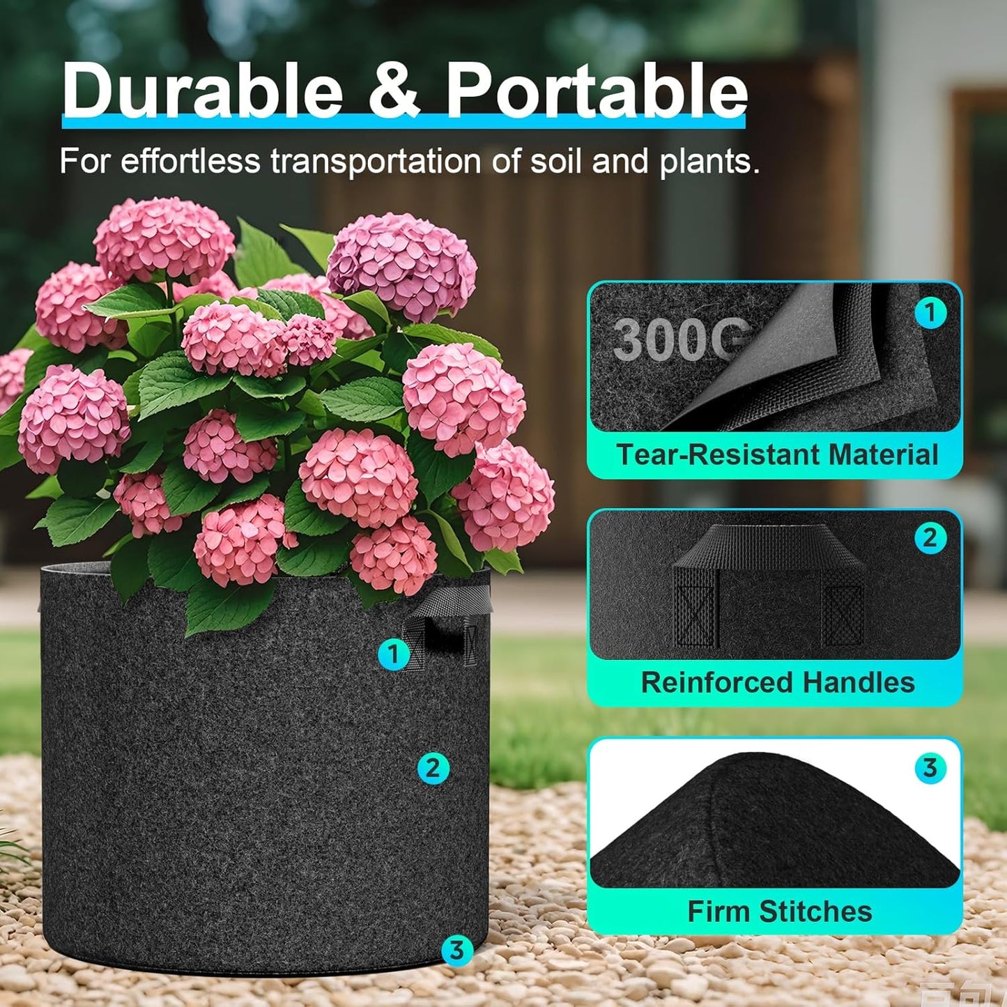 4-Pack Fabric Grow Bags 5 Gallon, 300G Thickened Nonwoven Plant Grow Bags, Grow Pots for Plants, Growing Bags with Handles, Planting Bags for Vegetables, Black