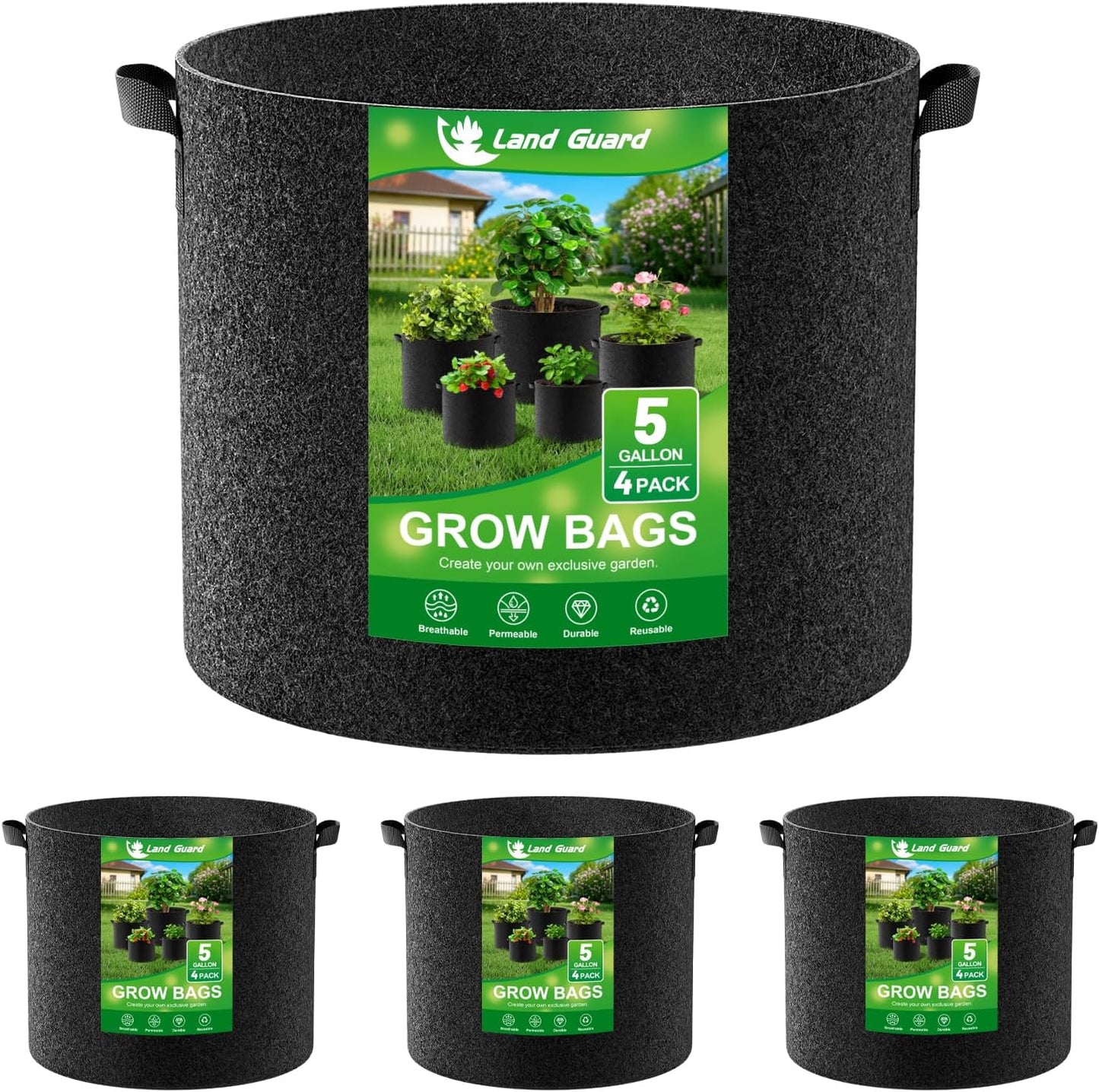 4-Pack Fabric Grow Bags 5 Gallon, 300G Thickened Nonwoven Plant Grow Bags, Grow Pots for Plants, Growing Bags with Handles, Planting Bags for Vegetables, Black
