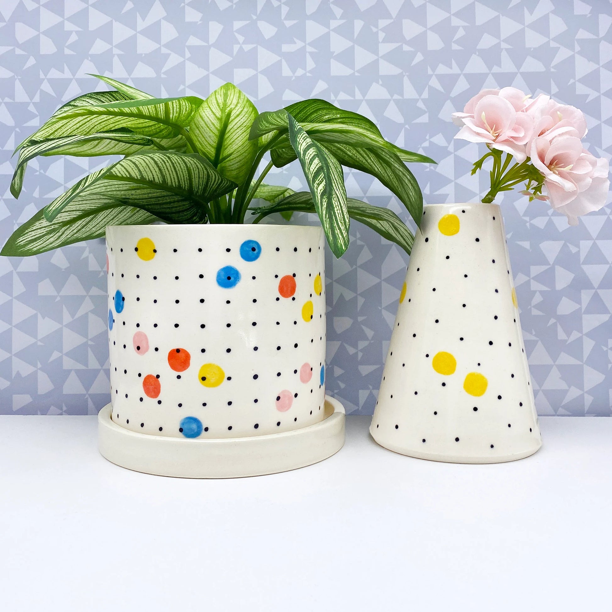 Colored Multi Dot Ceramic Planter-medium with drainage tray