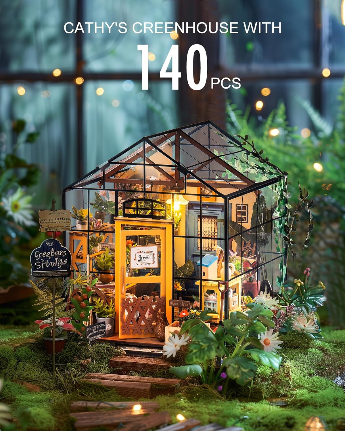 DIY Miniature House Kit Greenhouse, Tiny House Kit for Adults to Build, Mini House Making Kit with Furniture, Halloween/Christmas Decorations/Gifts for Family and Friends (Cathy's Greenhouse)