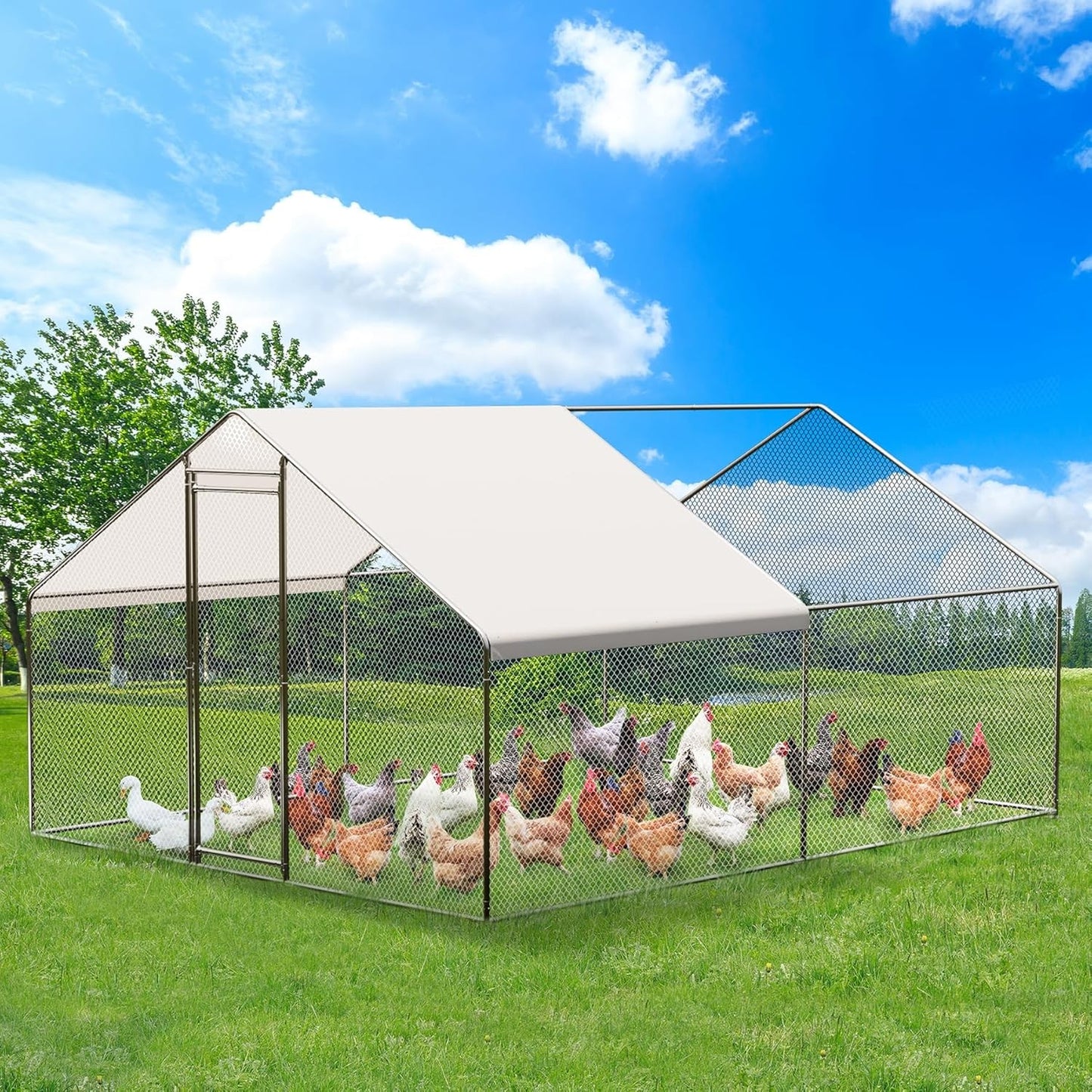 Metal Chicken Coop 6.5/13/20 FT Large Walk-in Hen Cage House with Cover Roof NEW