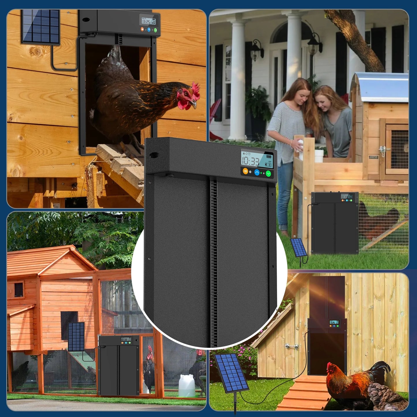 Solar Automatic Chicken Coop Door, Chicken Coop Door Opener with LCD Screen, Light Sensor/ Timer/ Remote Control Auto chicken Doors, Anti Pinch Waterproof Coop Door, Ideal for Chicken Breeding