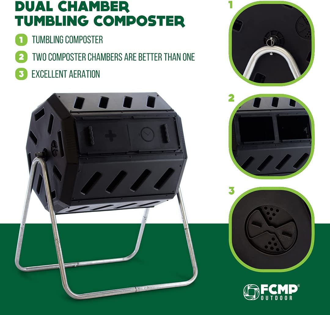 IM4000 Dual Chamber Tumbling Composter Canadian-Made, 100% Recycled Resin - Outdoor Rotating Compost Tumbler Bin for Garden, Kitchen, and Yard Waste, Black (37 Gallon)