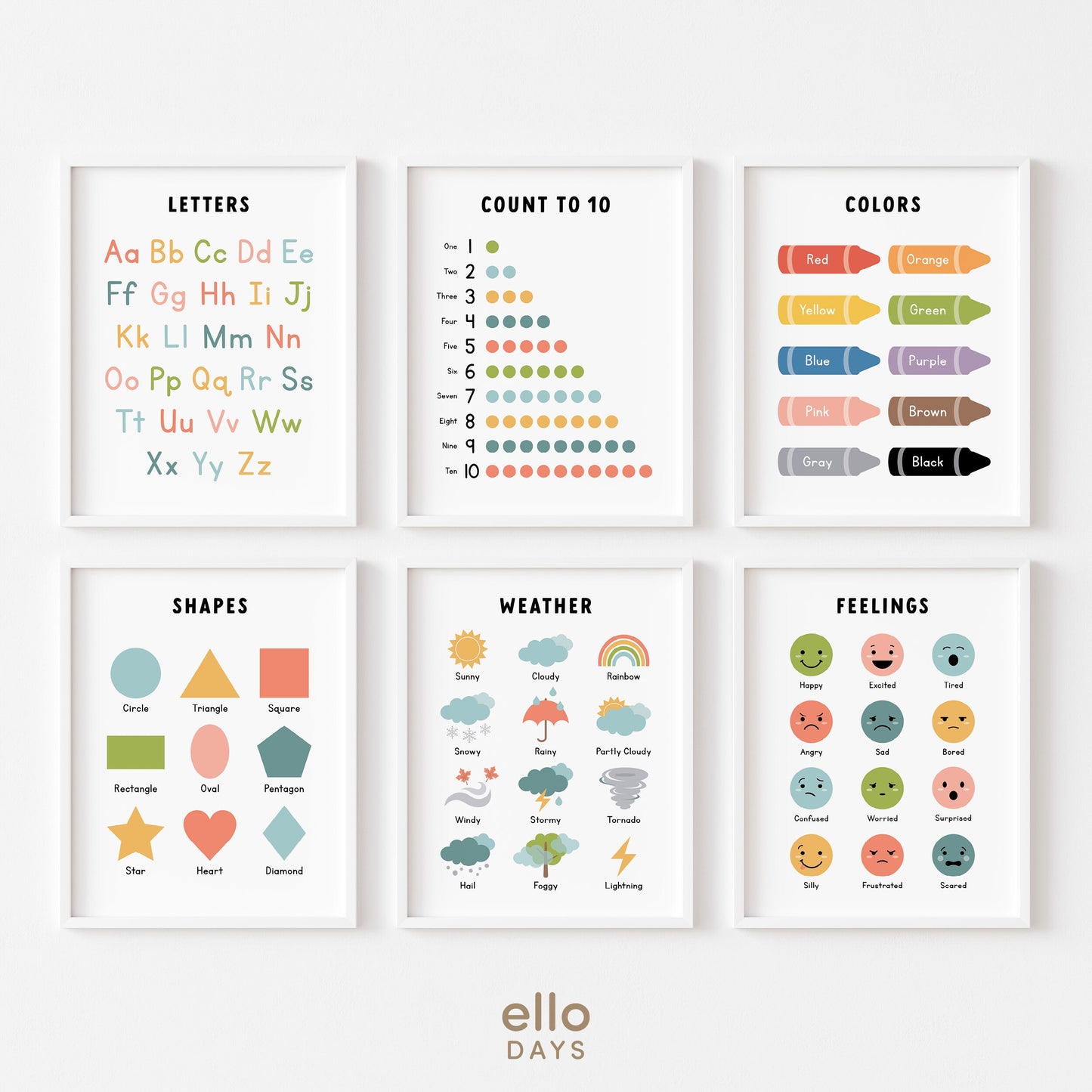 Toddler Preschool Educational Posters, Set of 6 Classroom Prints, Montessori Homeschool Wall Art, Playroom Decor