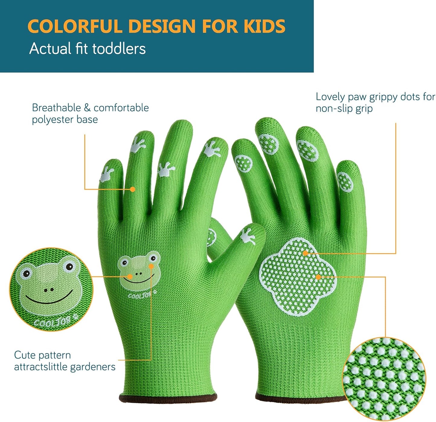 Small Toddler Gardening Gloves for Little Boys Girls Ages 2-4, Breathable Kids Work Gloves with Grippy Animal Paw Dots for Children Yard Landscape, Green Frog, 1 Pair
