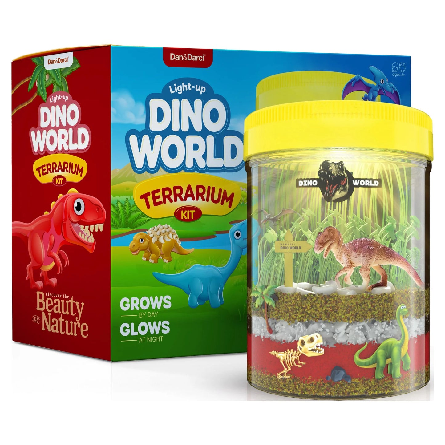 Dino World Terrarium Kit for Kids - LED Light in Lid - Dinosaur Toys Gifts for Boys & Girls Age 3, 4, 5, 6, 7, 8+ Year Old - Dinosaur Garden - Toy Dinosaurs - STEM Science Gardening Kits