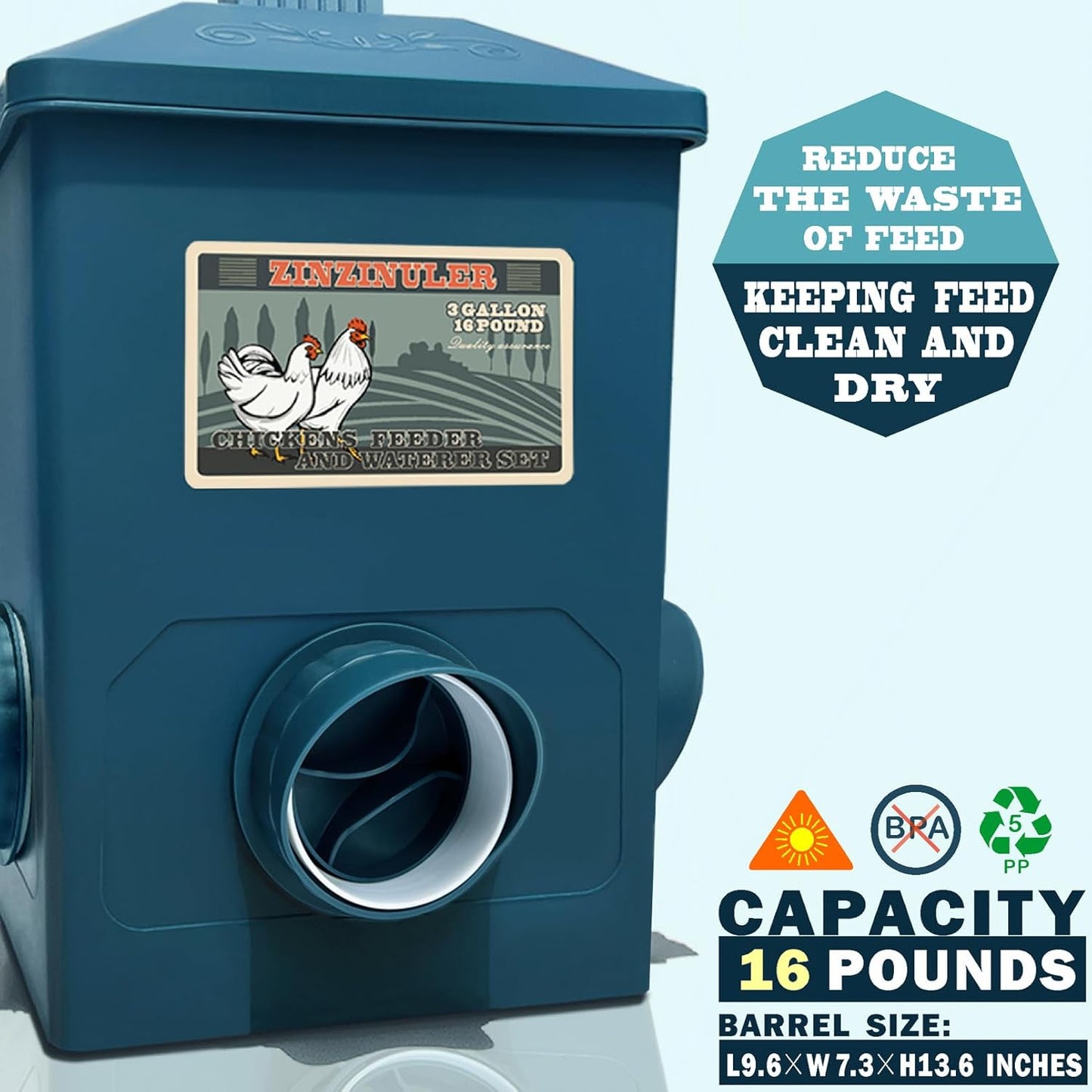 Automatic Port Chicken Feeder and Cup Waterer Set - Chicken Coop Accessories, No Waste Poultry Feeder, 3 Gallon/16 Pounds
