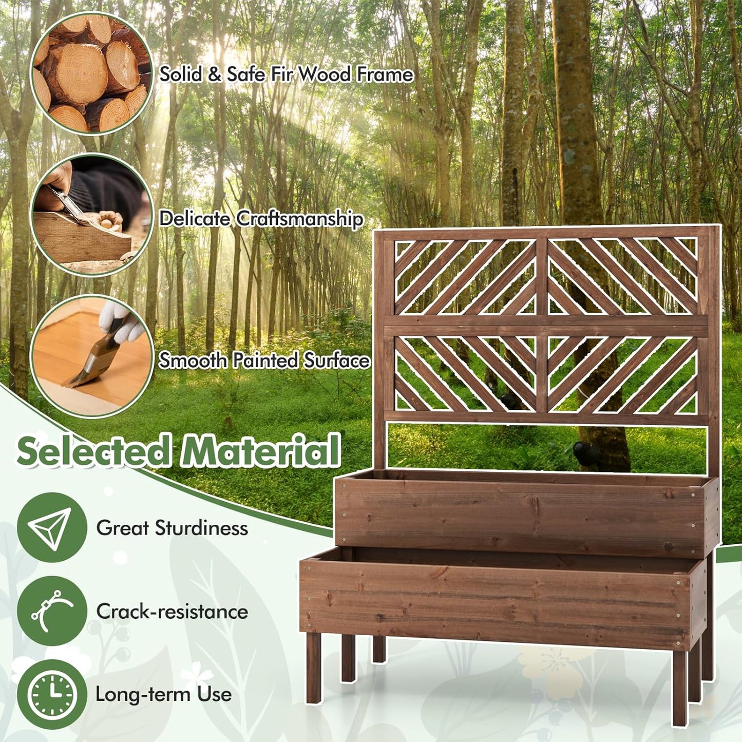 Raised Garden Bed with Trellis & 2 Planter Boxes, 2-Tier Outdoor Wooden Elevated Planter Box with Legs & Drainage Holes, Gardening Planters for Flowers, Herbs, Vegetables & Fruits(Brown)