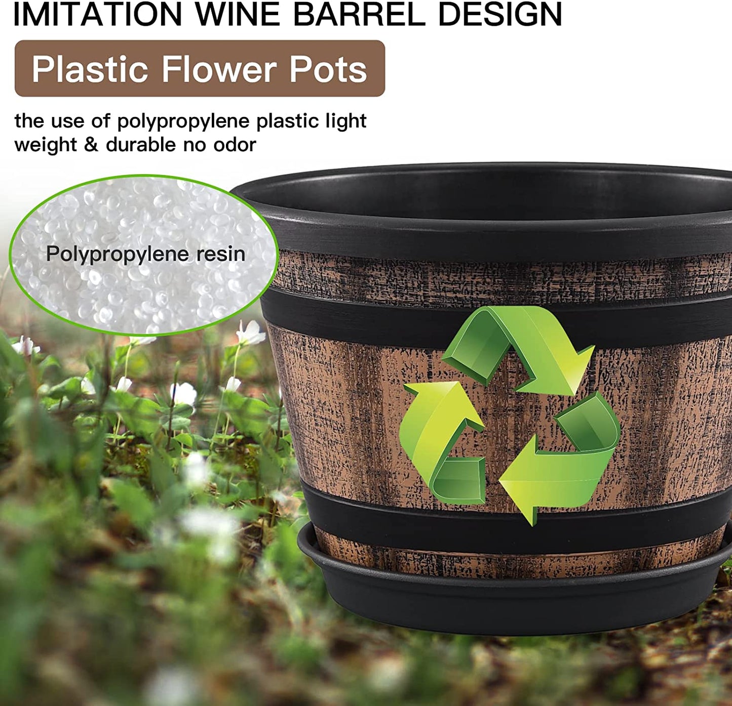 3 Pack 10 inch Plant Pots,Whiskey Barrel Planters with Drainage Holes & Saucer, Plastic Decoration Flower Pots Imitation Wine Barrel Design, for Indoor & Outdoor Garden Home Plants (Brown)