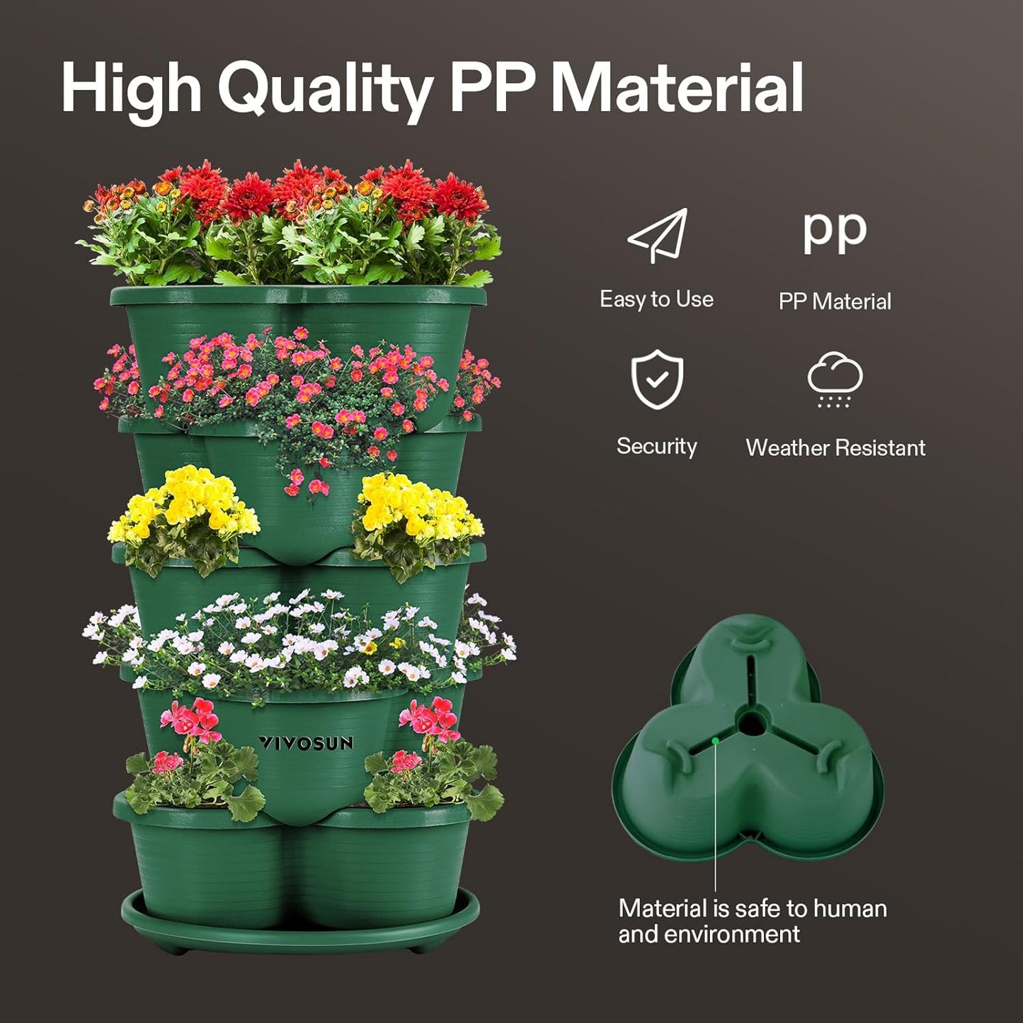 5 Tier Vertical Gardening Stackable Planter for Strawberries, Flowers, Herbs, Vegetables, Dark Green