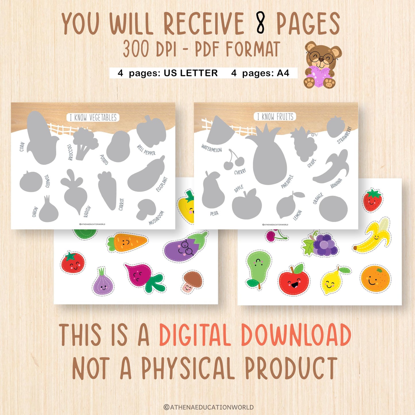 Fruits and Vegetable Shadow Game, Fruits and Vegetables Matching, toddler Game, Preschool Activity, Preschool Worksheet,Montessori Education