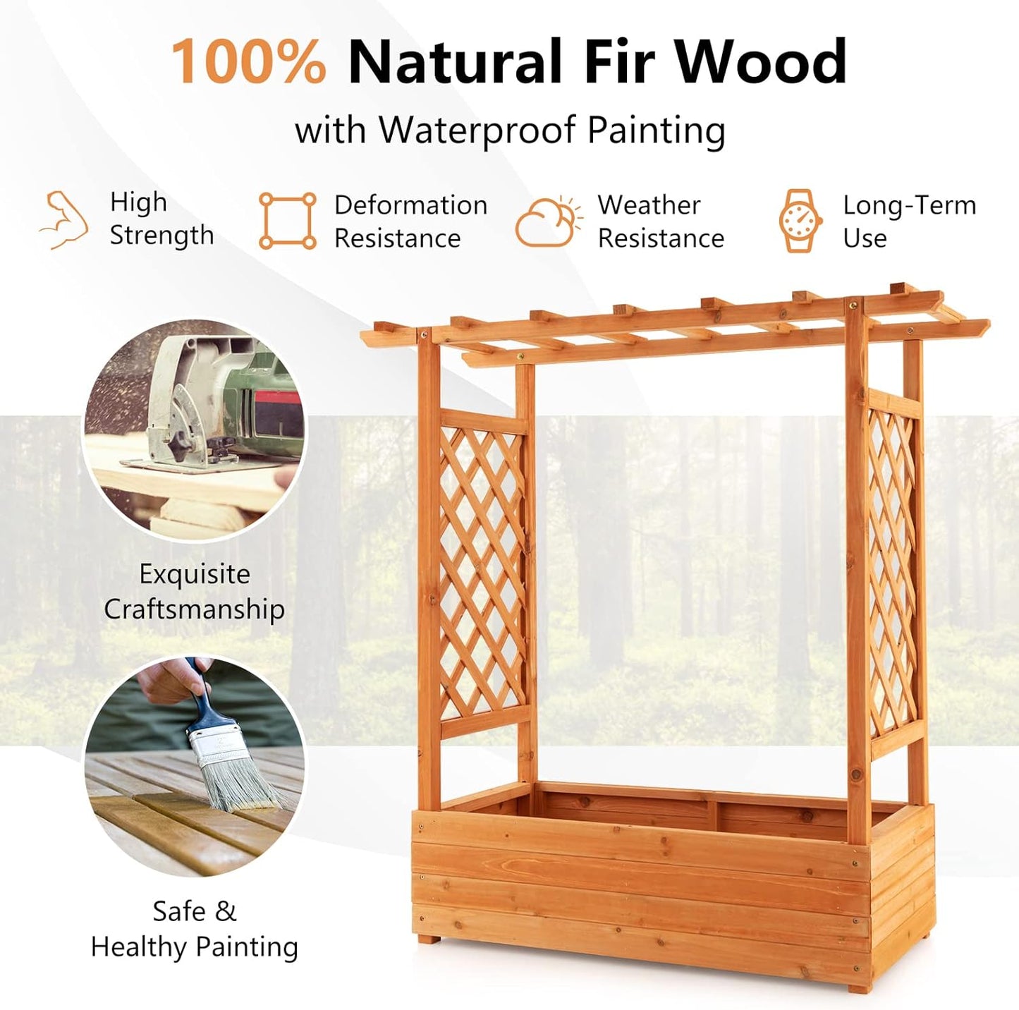 Raised Garden Bed with Arch Trellis, Wood Planter Box with Hanging Roof, Side Trellis, 4 Drainage Holes, Above Ground Elevated Garden Bed for Outdoor Climbing Plants Vines Patio