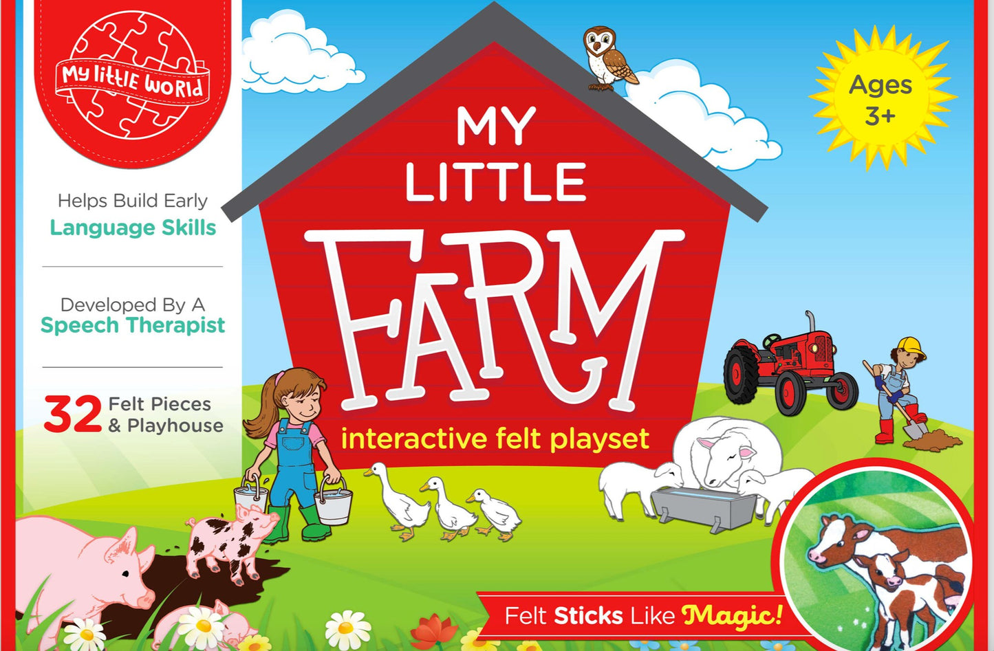 Award-Winning Early Language-Building Reversible Felt Playset. Interactive Felt Farm Toy: Fun, Sensory. Can be used flat or 3-D. 35 pcs.