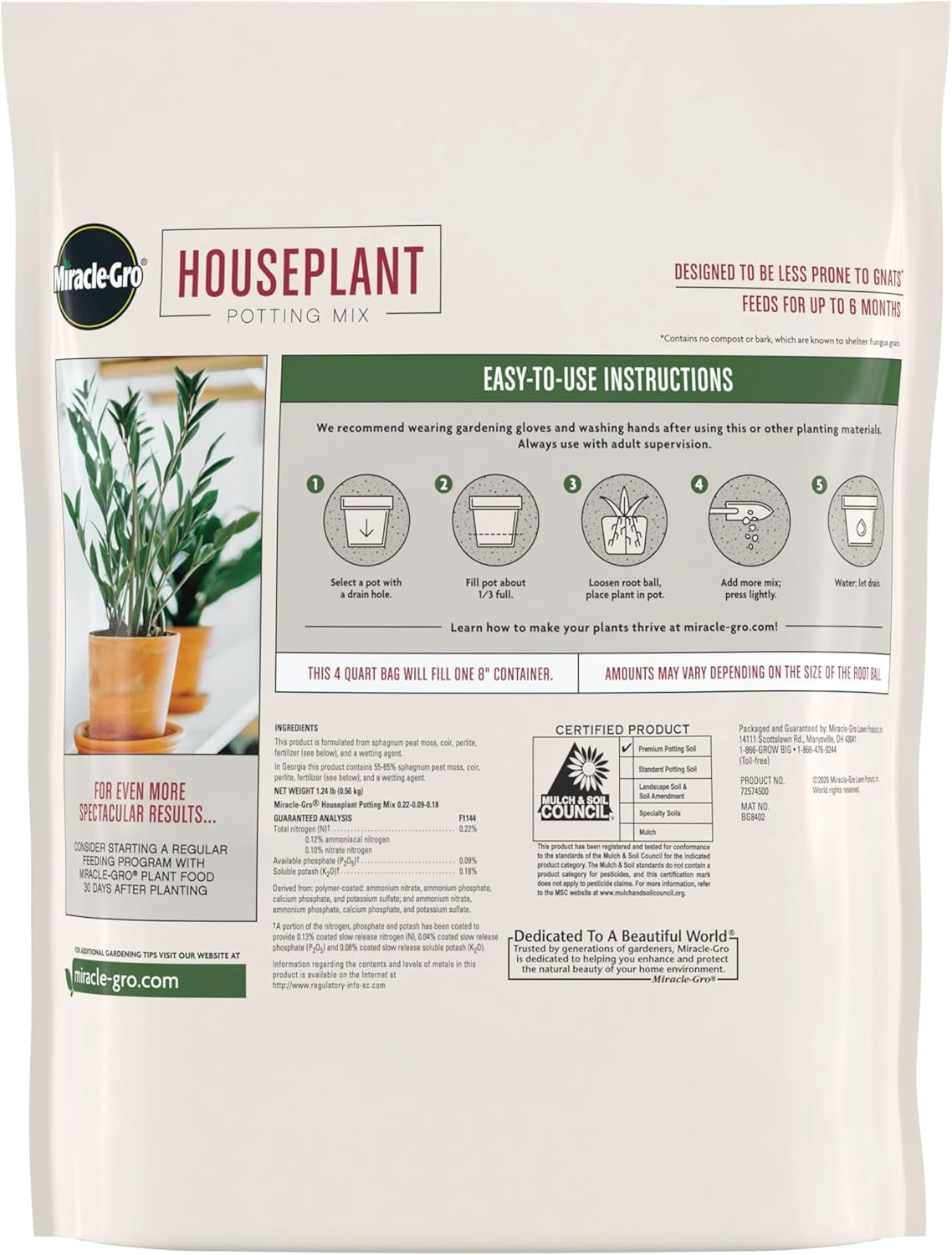 Houseplant Potting Mix: Fertilized, Perlite Soil for Indoor Gardening, Designed to Be Less Prone to Gnats, 4 qt.
