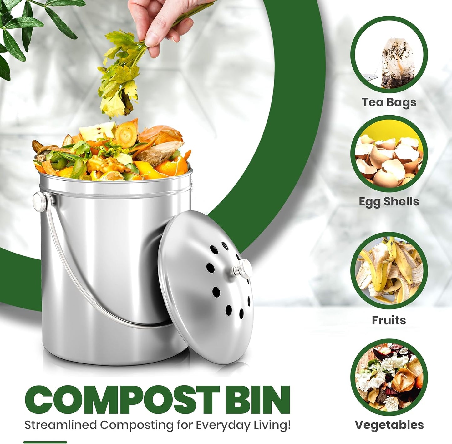 Compost Bin for Kitchen Countertop, 1.3 Gallon Compost Bucket for Kitchen with Lid, Includes 1 Spare Charcoal Filter, Home Essentials - (Silver)