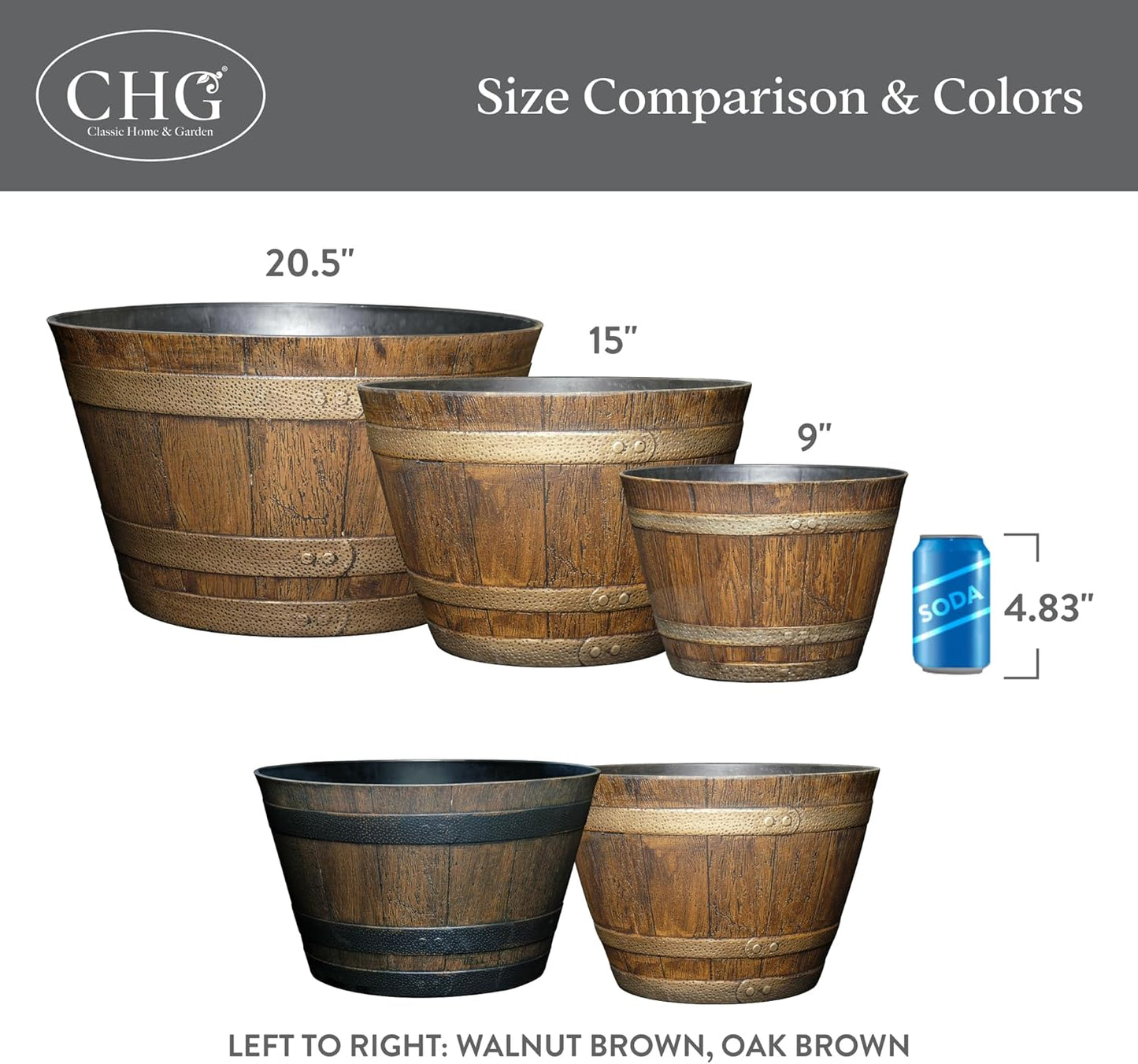 Whiskey Barrel Planter, 20.5", Walnut Brown