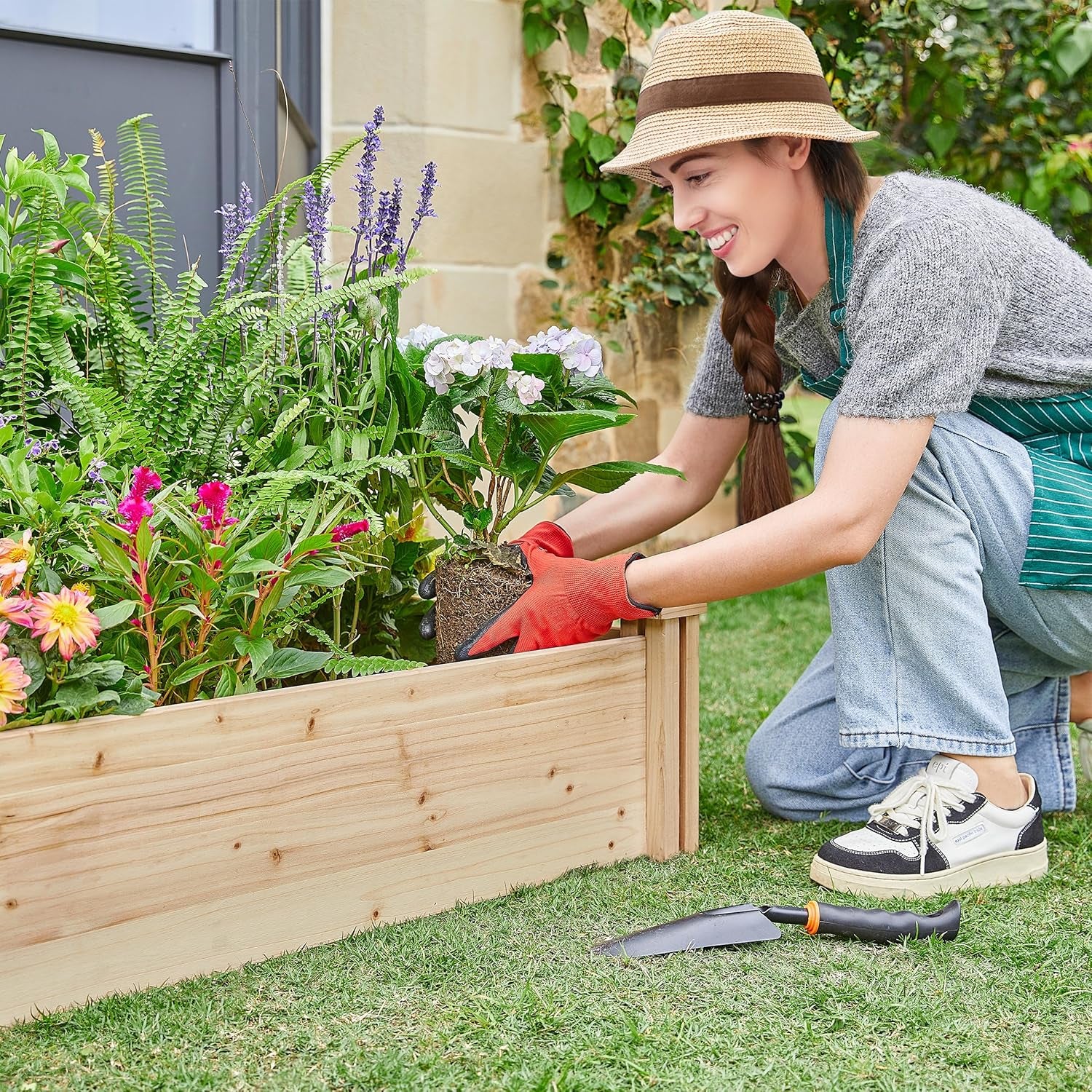 8×2ft Wooden Horticulture Raised Garden Bed Divisible Elevated Planting Planter Box for Flowers/Vegetables/Herbs in Backyard/Patio Outdoor, Natural Wood, 95 x 25 x 11in