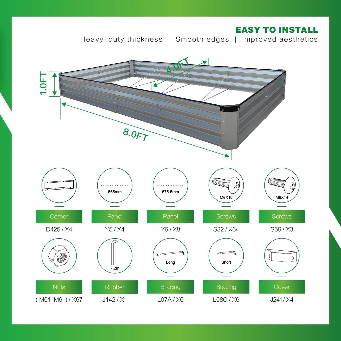 8x4x1FT Galvanized Raised Garden Bed Kit, Metal Planter Boxes Outdoor with Easy Assembly, Large Garden Bed for Vegetables, Fruits, Flower, Herbs Rectangle Silver
