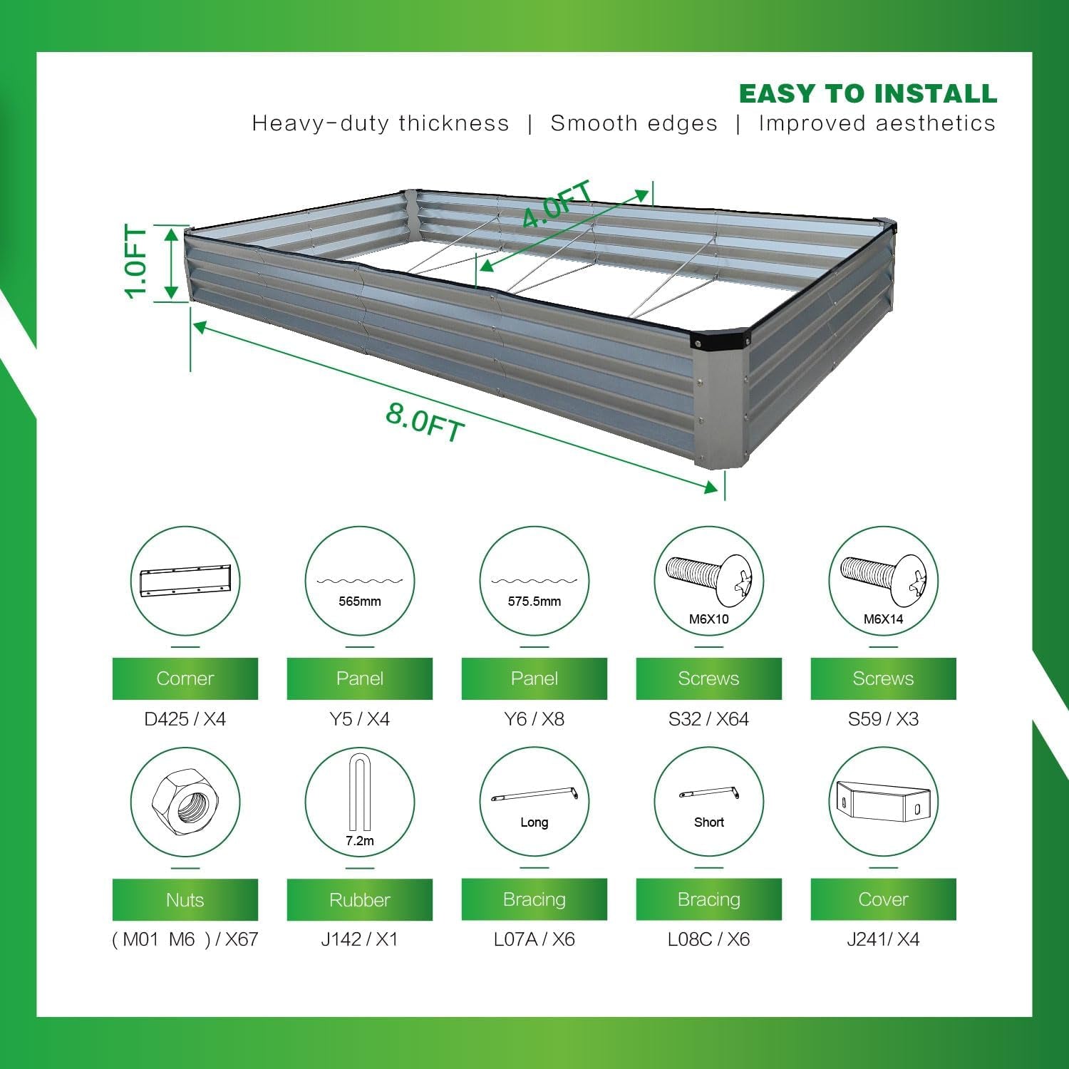 8x4x1FT Galvanized Raised Garden Bed Kit, Metal Planter Boxes Outdoor with Easy Assembly, Large Garden Bed for Vegetables, Fruits, Flower, Herbs Rectangle Silver