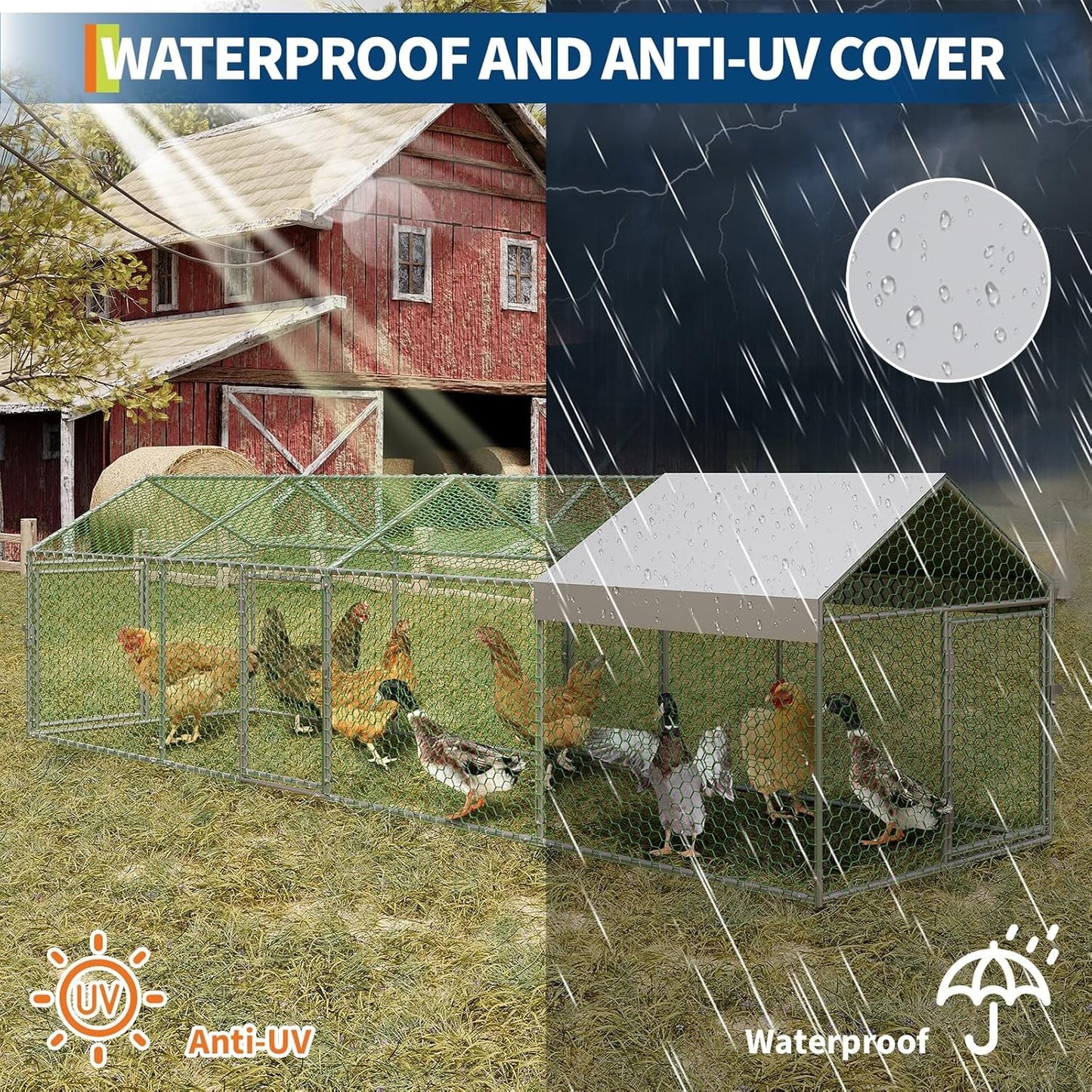 Metal Chicken Coop Walk In Chicken Run Outdoor Hen House Habitat Cage W/ Cover