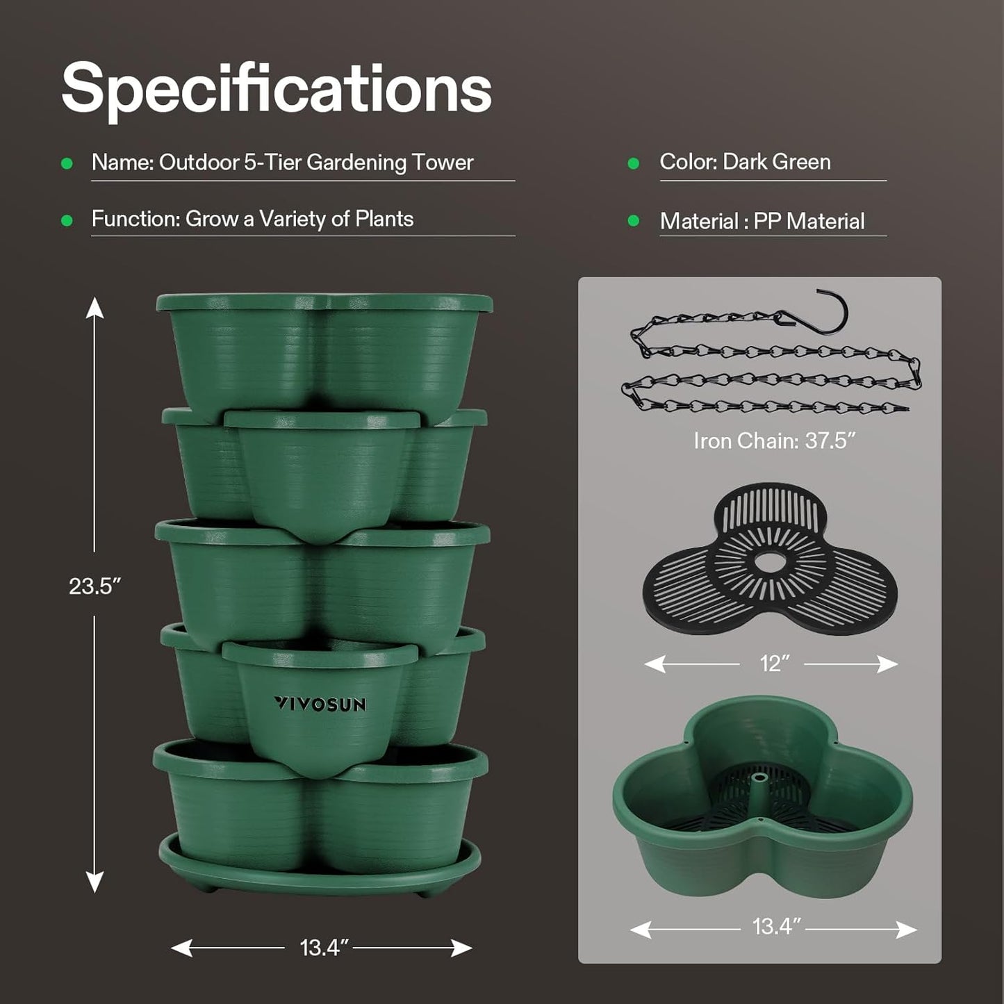 5 Tier Vertical Gardening Stackable Planter for Strawberries, Flowers, Herbs, Vegetables, Dark Green