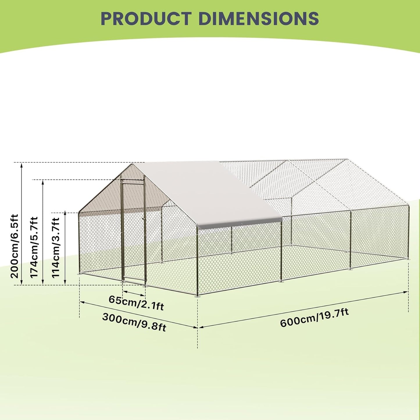 Metal Chicken Coop 6.5/13/20 FT Large Walk-in Hen Cage House with Cover Roof NEW