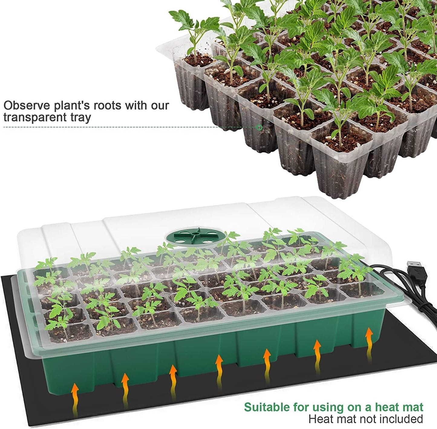 Seedling Trays Seed Starter Tray, 5-Pack Mini Propagator Plant Greenhouse Grow Kit with Humidity Vented Domes and Base for Seeds' Starting (40 Cells Per Tray, Total 200 Cells), Green