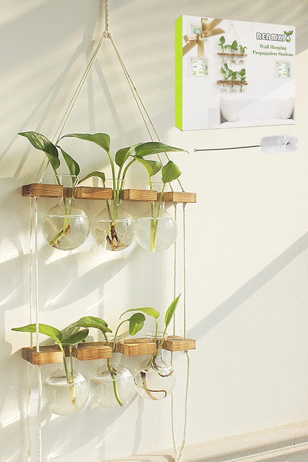Plant Propagation Station Wall Hanging, Plant Terrarium with 2 Tiered Wooden Stand for Hydroponics Plants, Unique Gardening Gifts for Women Mom Plant Lovers - 6 Bulb Glass Vases