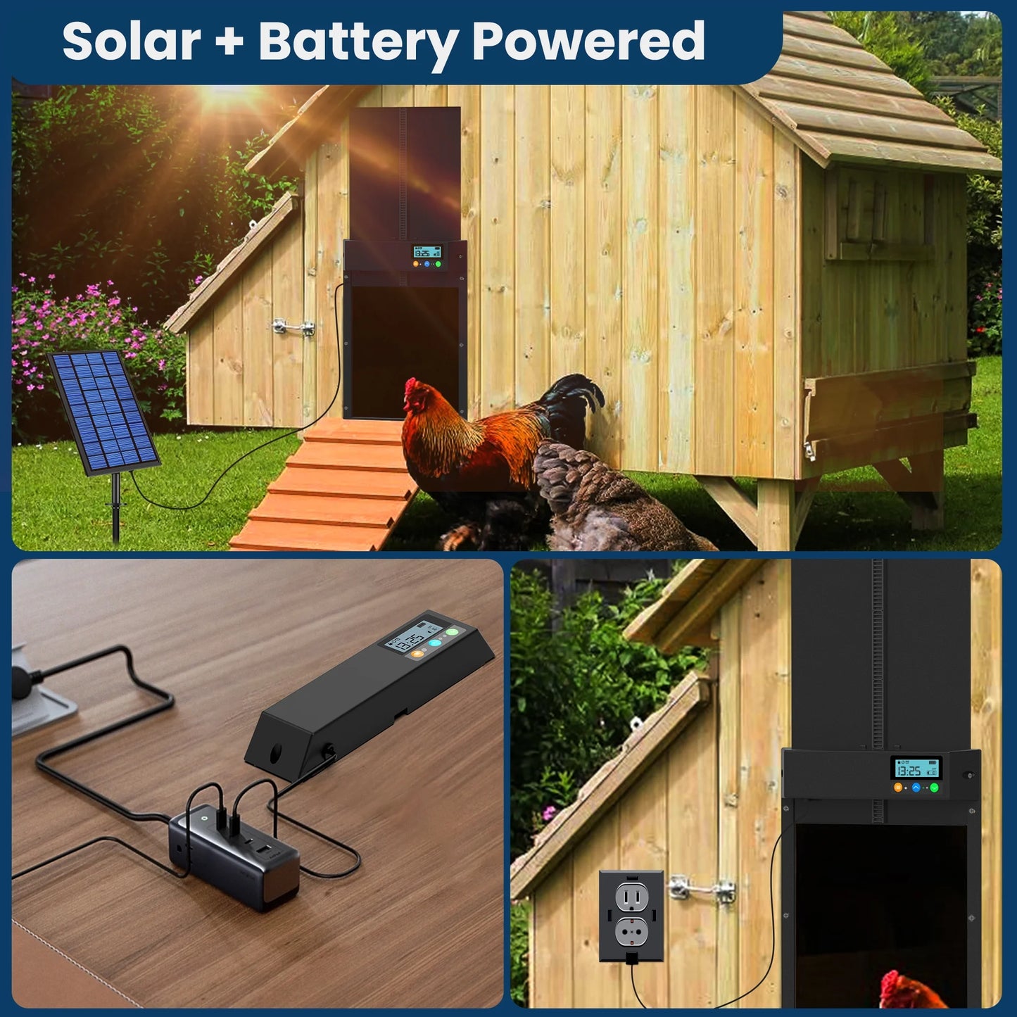Solar Automatic Chicken Coop Door, Chicken Coop Door Opener with LCD Screen, Light Sensor/ Timer/ Remote Control Auto chicken Doors, Anti Pinch Waterproof Coop Door, Ideal for Chicken Breeding