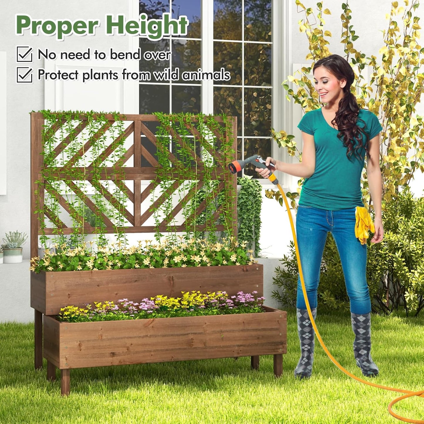 Raised Garden Bed with Trellis & 2 Planter Boxes, 2-Tier Outdoor Wooden Elevated Planter Box with Legs & Drainage Holes, Gardening Planters for Flowers, Herbs, Vegetables & Fruits(Brown)