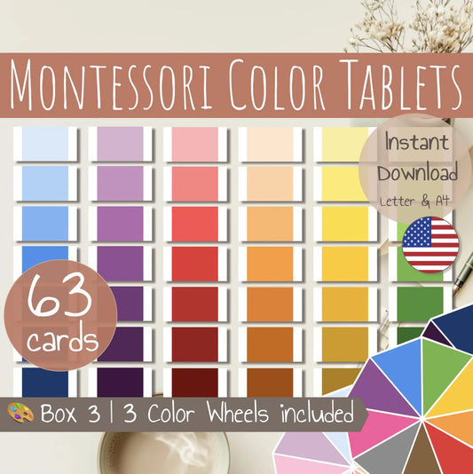 Montessori Color Tablets Box 3 | 63 Cards + 3 Wheels | Printable Visual Discrimination Activity | Color activity | PDF Sensorial Material