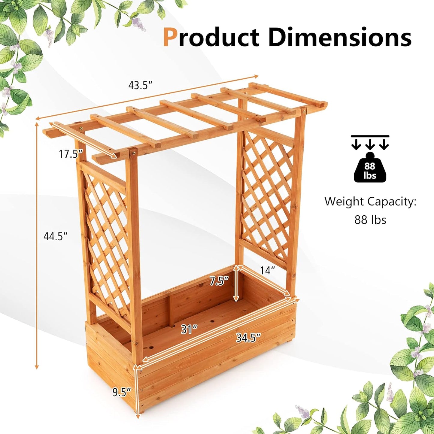 Raised Garden Bed with Arch Trellis, Wood Planter Box with Hanging Roof, Side Trellis, 4 Drainage Holes, Above Ground Elevated Garden Bed for Outdoor Climbing Plants Vines Patio