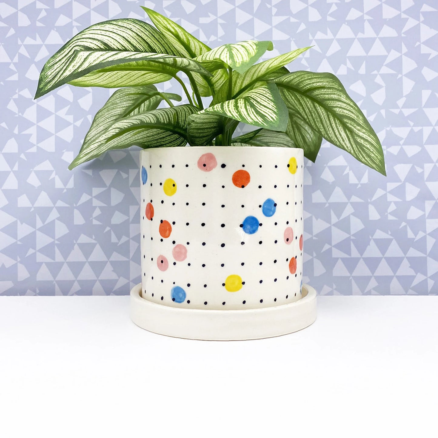 Colored Multi Dot Ceramic Planter-medium with drainage tray