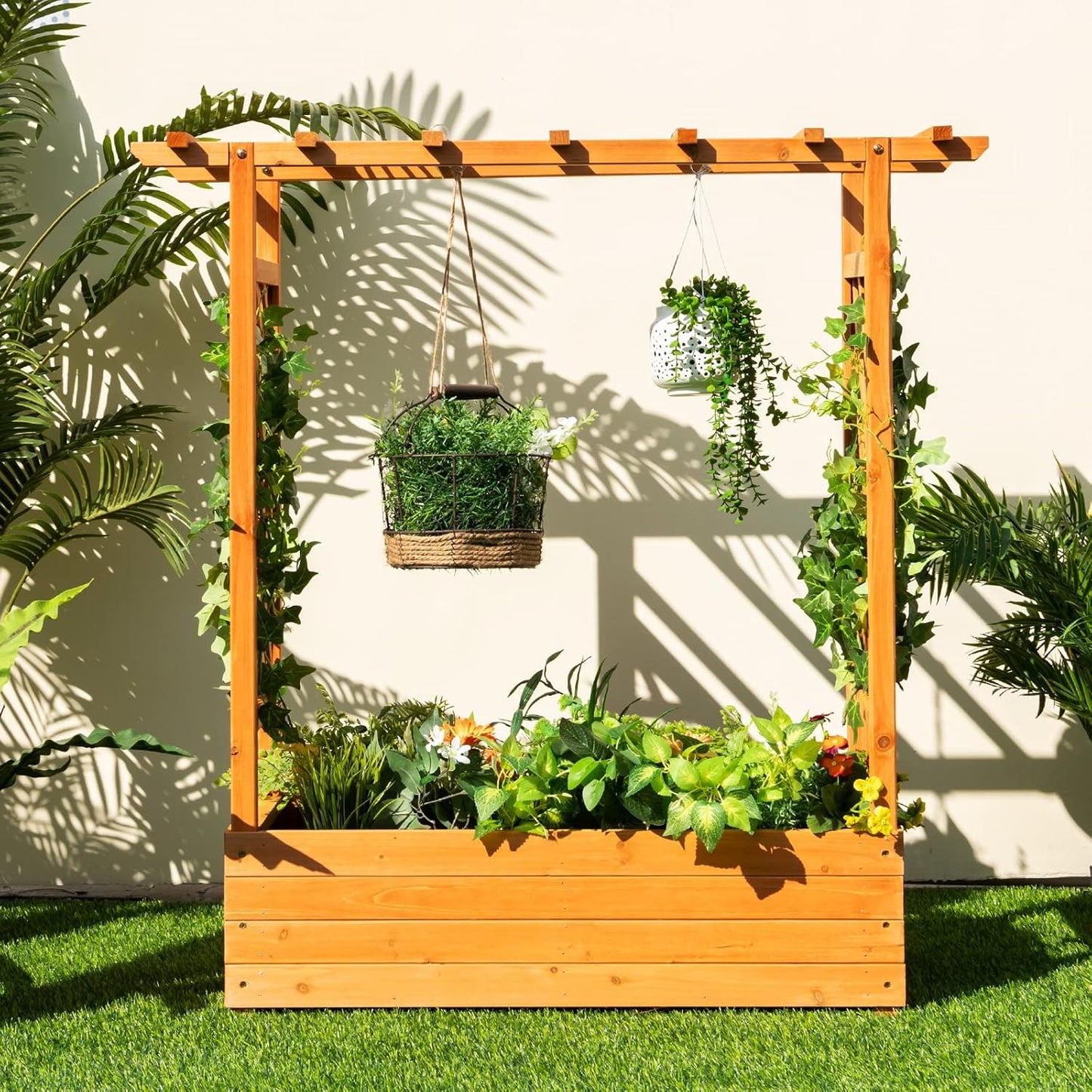 Raised Garden Bed with Arch Trellis, Wood Planter Box with Hanging Roof, Side Trellis, 4 Drainage Holes, Above Ground Elevated Garden Bed for Outdoor Climbing Plants Vines Patio