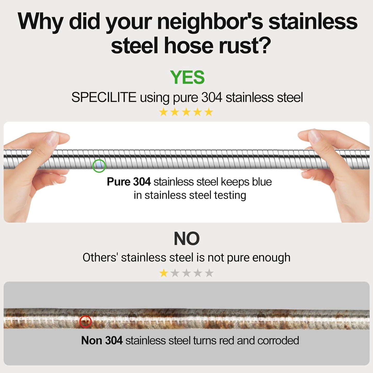 50ft 304 Stainless Steel Garden Hose Metal, Heavy Duty Water Pipe with Nozzles for Yard, Outdoor - Flexible, Never Kink & Tangle, Puncture Resistant (Sliver)