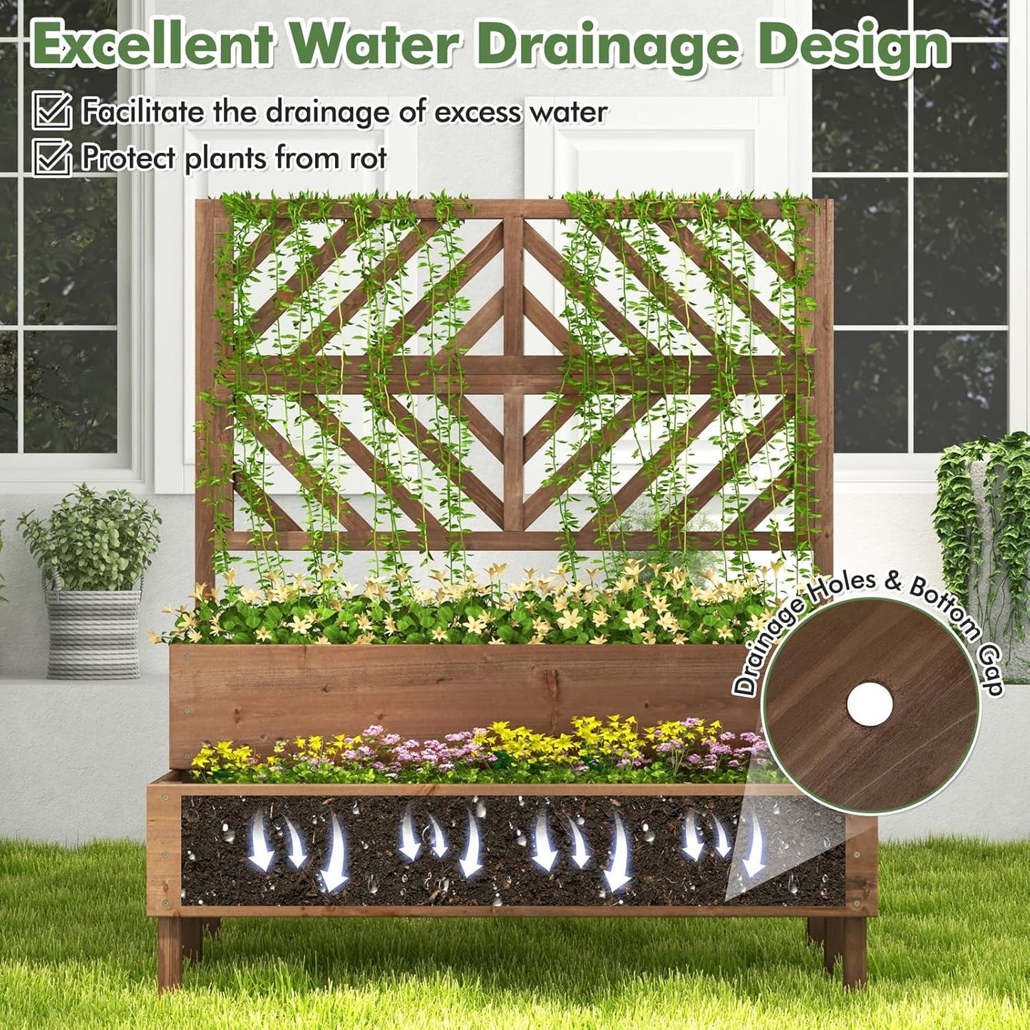 Raised Garden Bed with Trellis & 2 Planter Boxes, 2-Tier Outdoor Wooden Elevated Planter Box with Legs & Drainage Holes, Gardening Planters for Flowers, Herbs, Vegetables & Fruits(Brown)